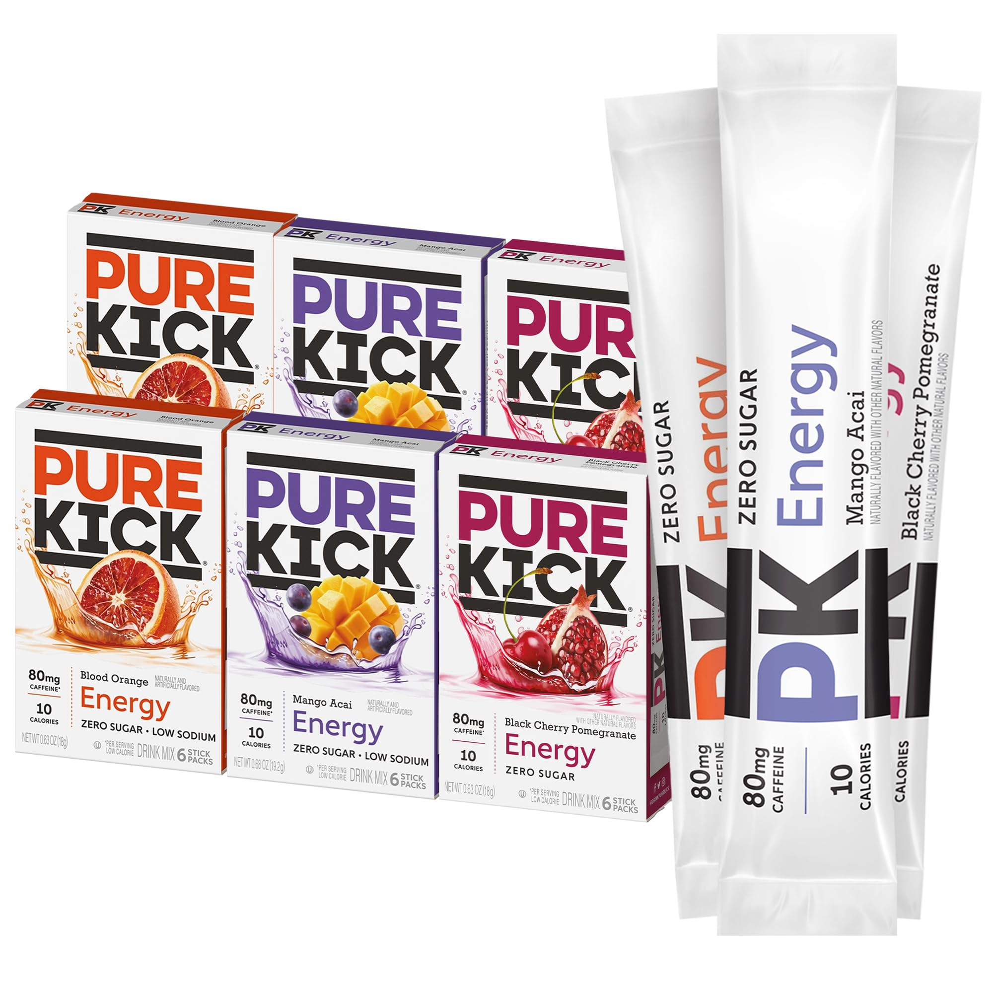 Pure Kick Energy Singles To Go Drink Mix, Variety Pack, 2 Boxes of Each Flavor - Blood Orange, Mango Acai, and Black Cherry Pomegranate (36 Single