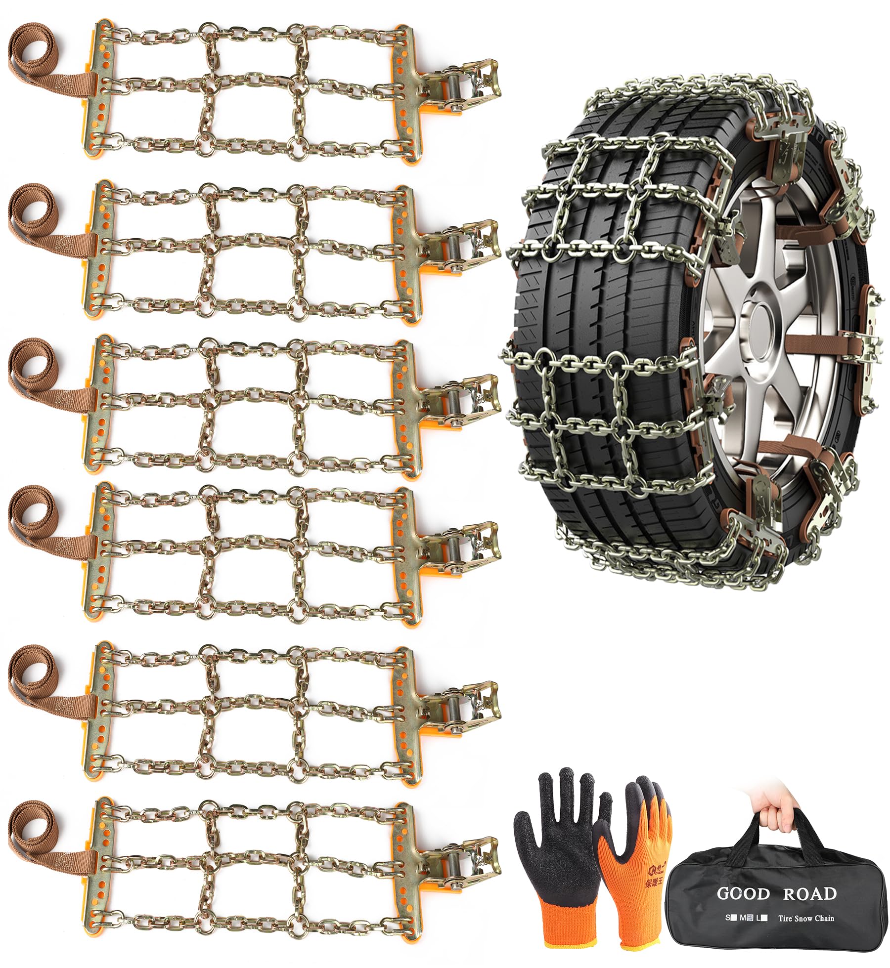 Agnuk Thickened Snow Chains, 6 Pack Tire Chains for Truck SUV in Snow, Ice, Sand and Mud (Tire Width 225-285mm)