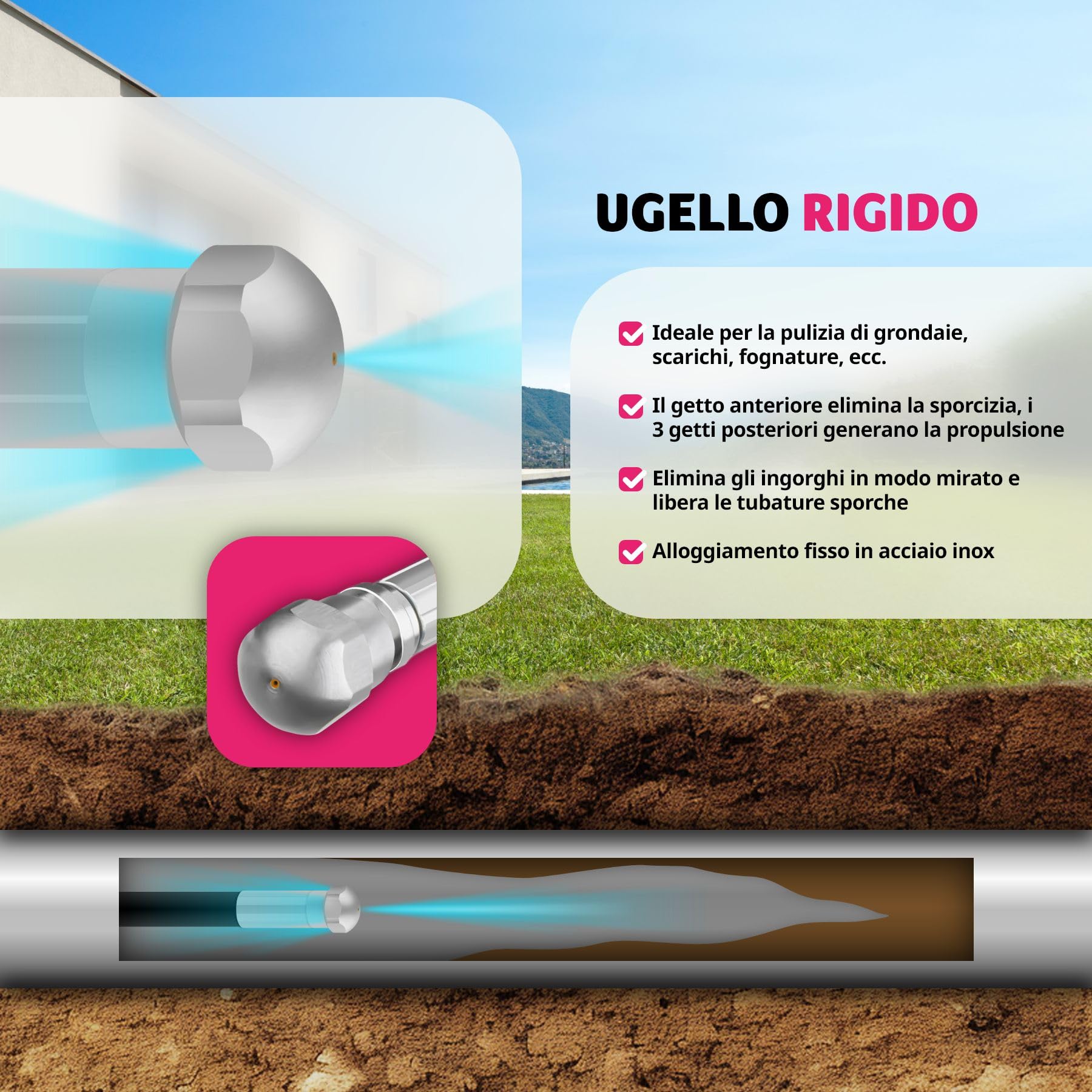 tectake® Set 8 Pezzi Tubo Sturatore con Ugelli in Acciaio Inossidabile, Adattatori Universali, Sonda Sturatubi Idropulitrice, Sonda Stura Lavandini e Scarichi con Isolante e Sacco Contenitore - 30 m
