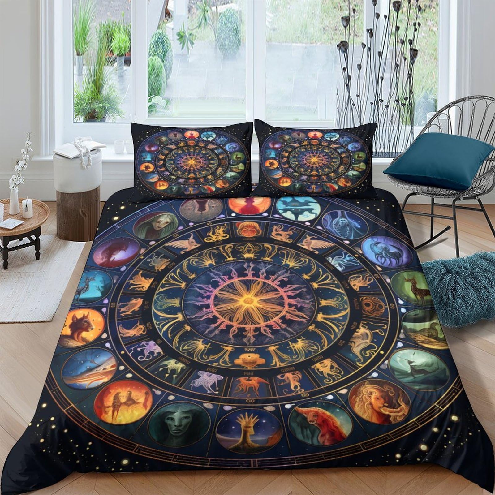 TUFRTGYHN 3D Printed Zodiac Astrology Duvet Cover Set Microfiber Soft Breathable Celestial Mandala Bedding Set with 2 Pillowcases for Bedroom Decor Single（135x200cm）