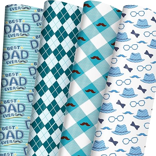 ZINTBIAL Papel de regalo para el día del padre para papá, cumpleaños, boda, envoltura de regalo de vacaciones con bigotes, cuadros, sombrero,