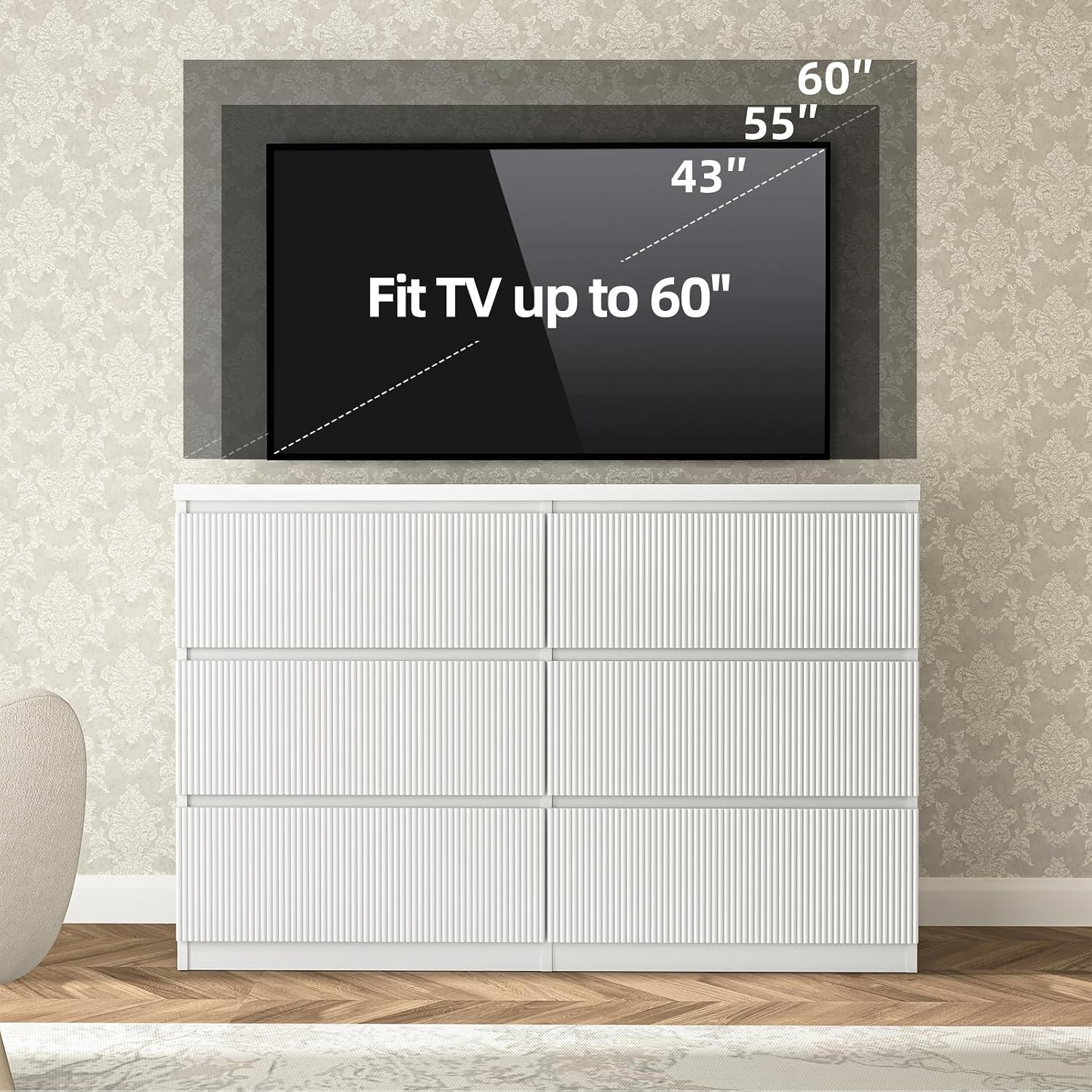 6 Fluted Drawers Dresser Storage Cabinet, 47'' Modern Chest of Drawers, TV Console Stand Organizer with Slide Drawer Design for Bedroom, Living Room, Dining Room, Kitchen, Hallway, Entryway