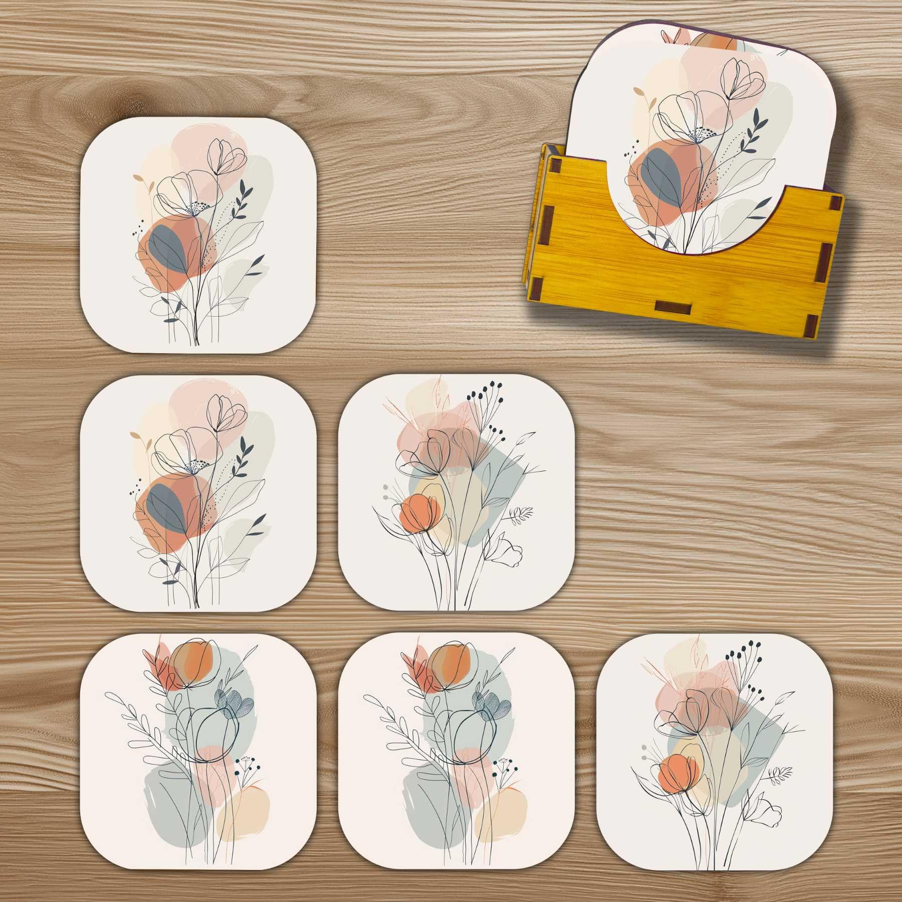 TW Coaster Set of 6 Luxury Marble Design Wooden Coasters to Serve Tea, Beer Cups, Coffee Mugs and Glasses (3.5 x 3.5 inch) (Square) (Ecofriendly) with Stand for Dining Table (Floral Design)-image-17