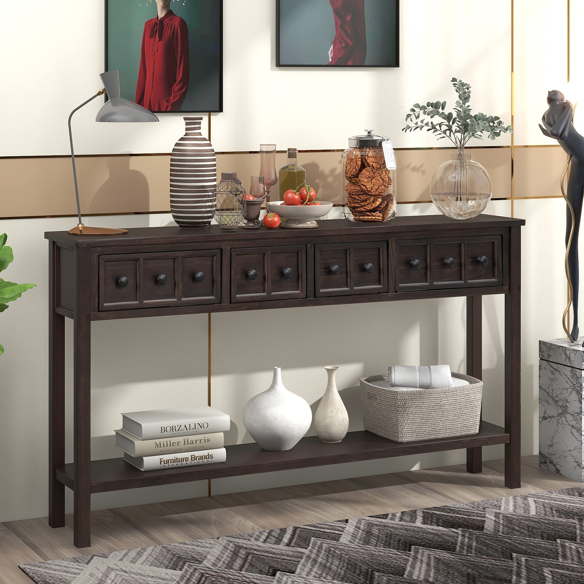 Knocbel Rustic Long Entryway Console Table with Storage Drawers and Lower Display Shelf, Narrow Sofa Table Entrance Hallway Foyer Table for Living