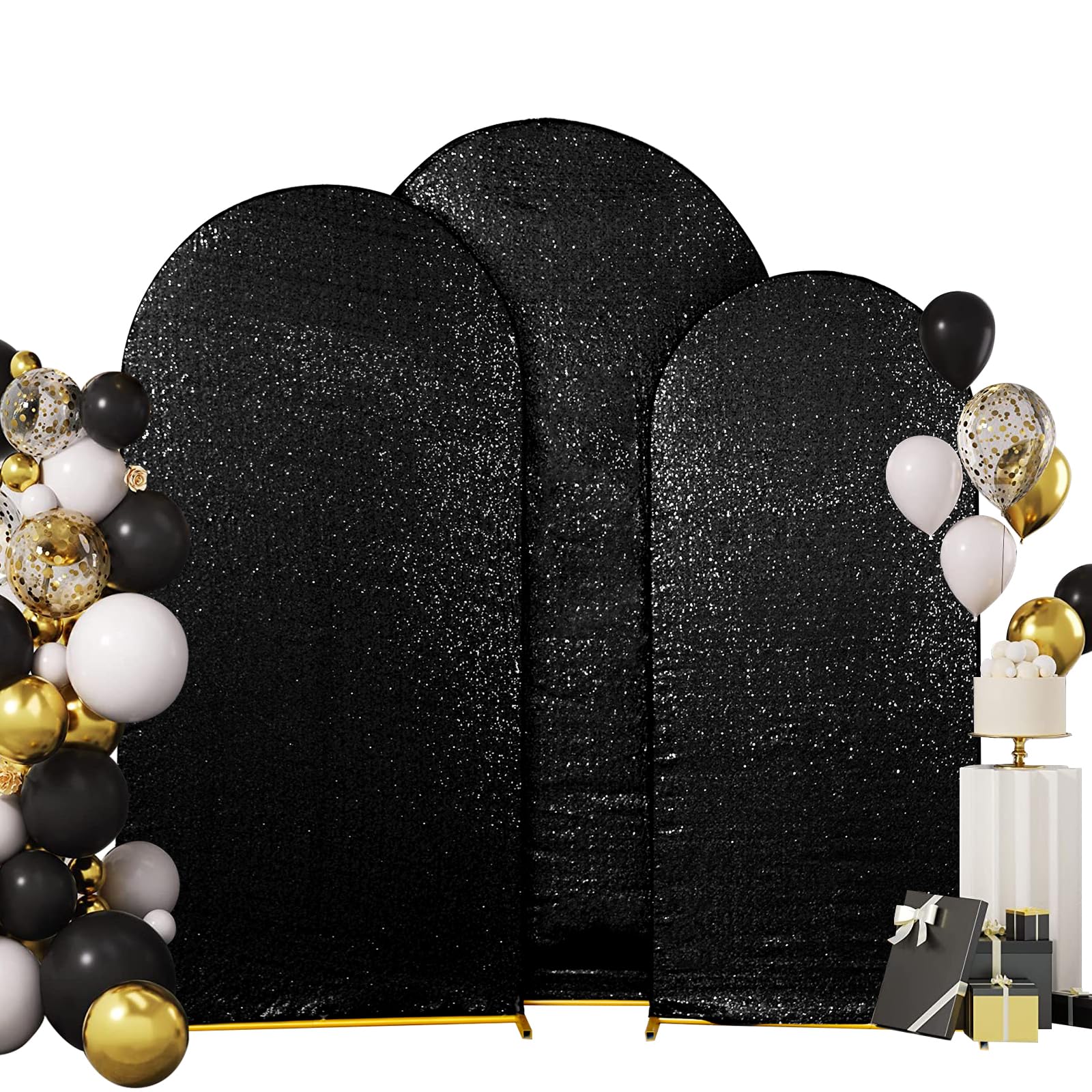 Eternal Beauty Set of 3 Arch Backdrop Covers Sequin Backdrop Black Arch Cover for Wedding Party Birthday Flower Balloon Stand(7.2ft, 6.6ft, 6ft)