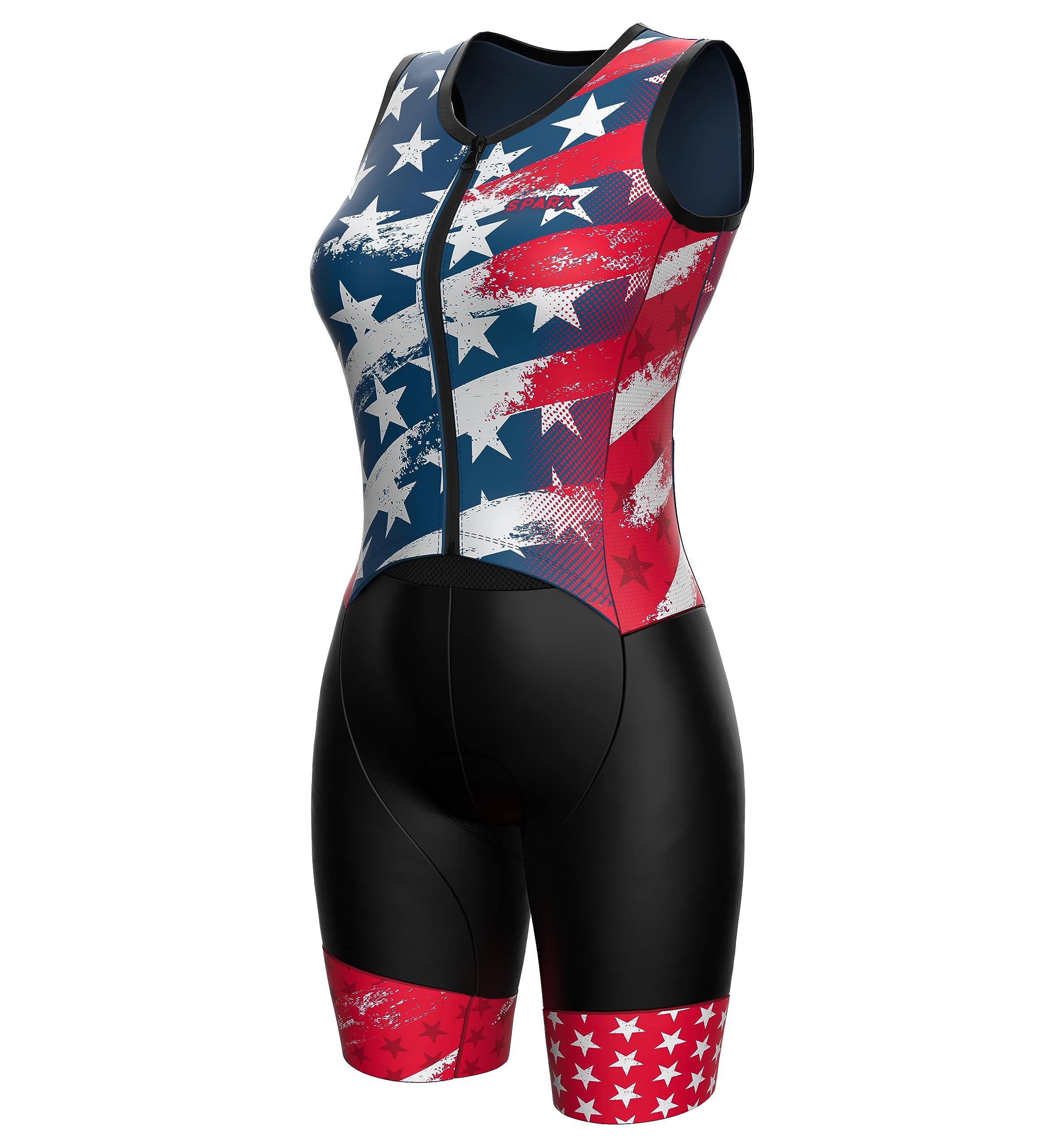Sparx Women's Triathlon Suit One Piece Sleeveless Full Zipper Tri Suit Quick Drying Running Swimming Cycling (US Flag, Small)