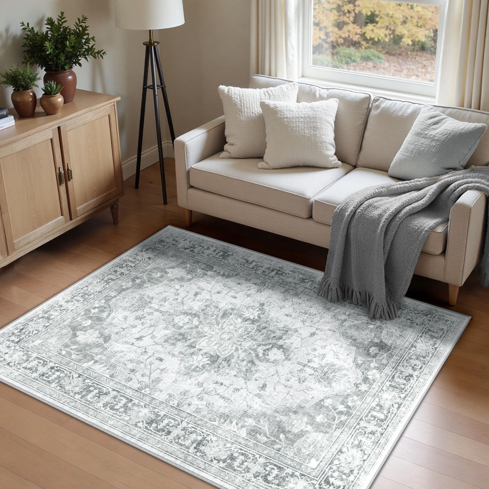 INOVADAY Machine Washable Rugs 120x180 cm Vintage Area Rug Low Pile Anti-Slip Carpet with Print Pattern for Living Room Bedroom Home Office Indoor Lightgrey
