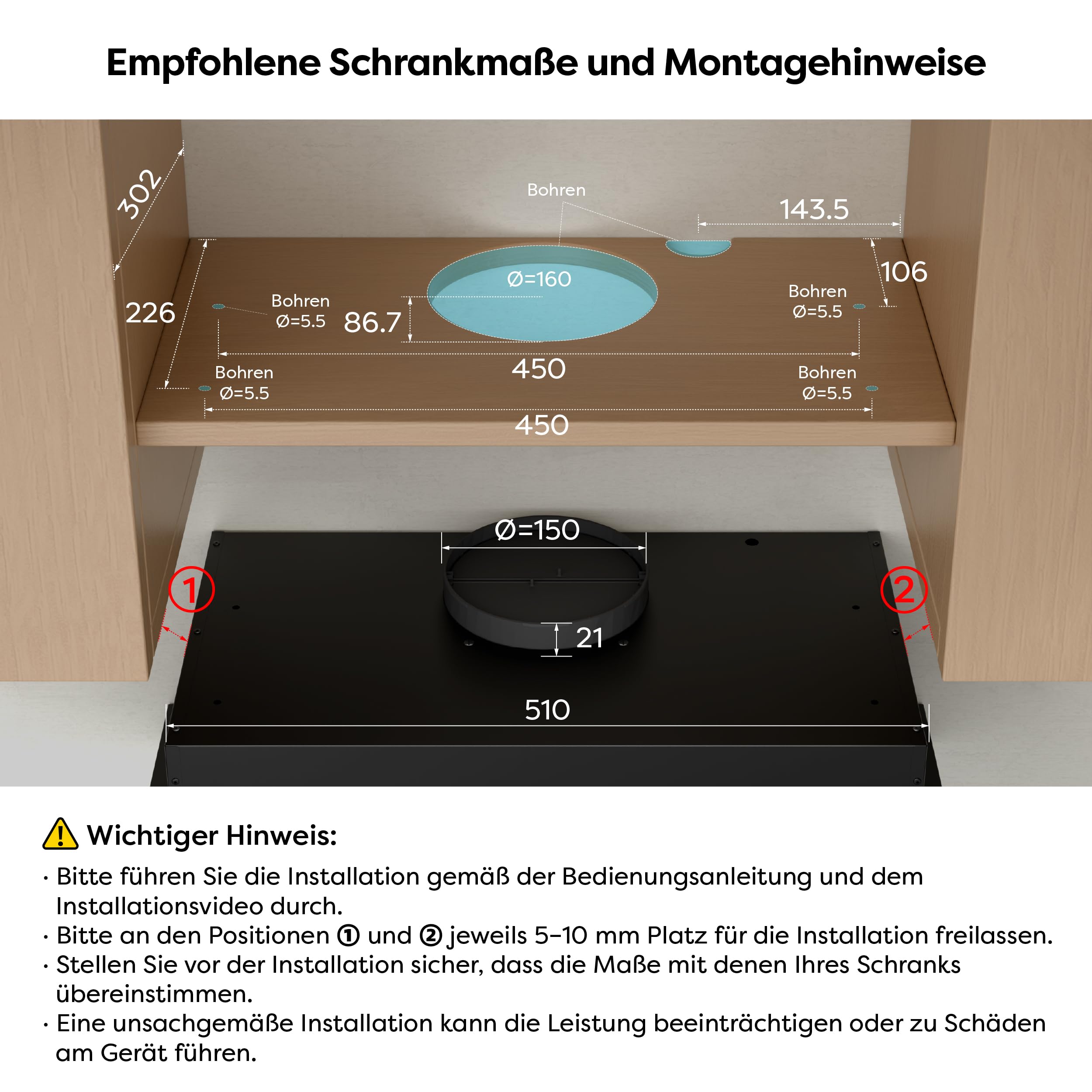 CIARRA CBCB6906D A++ Dunstabzugshaube 60 cm Flachschirmhaube 391 m³/h Umluft Abluft leise LED-Beleuchtung Schwarz