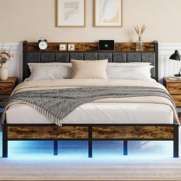 Liians King Size Bed Frame with Charging Station, Storage Headboard Smart LED Lights, Metal Platform Bed Frame with USB Ports, Noise Free, No Box Spring Needed, Easy Assembly