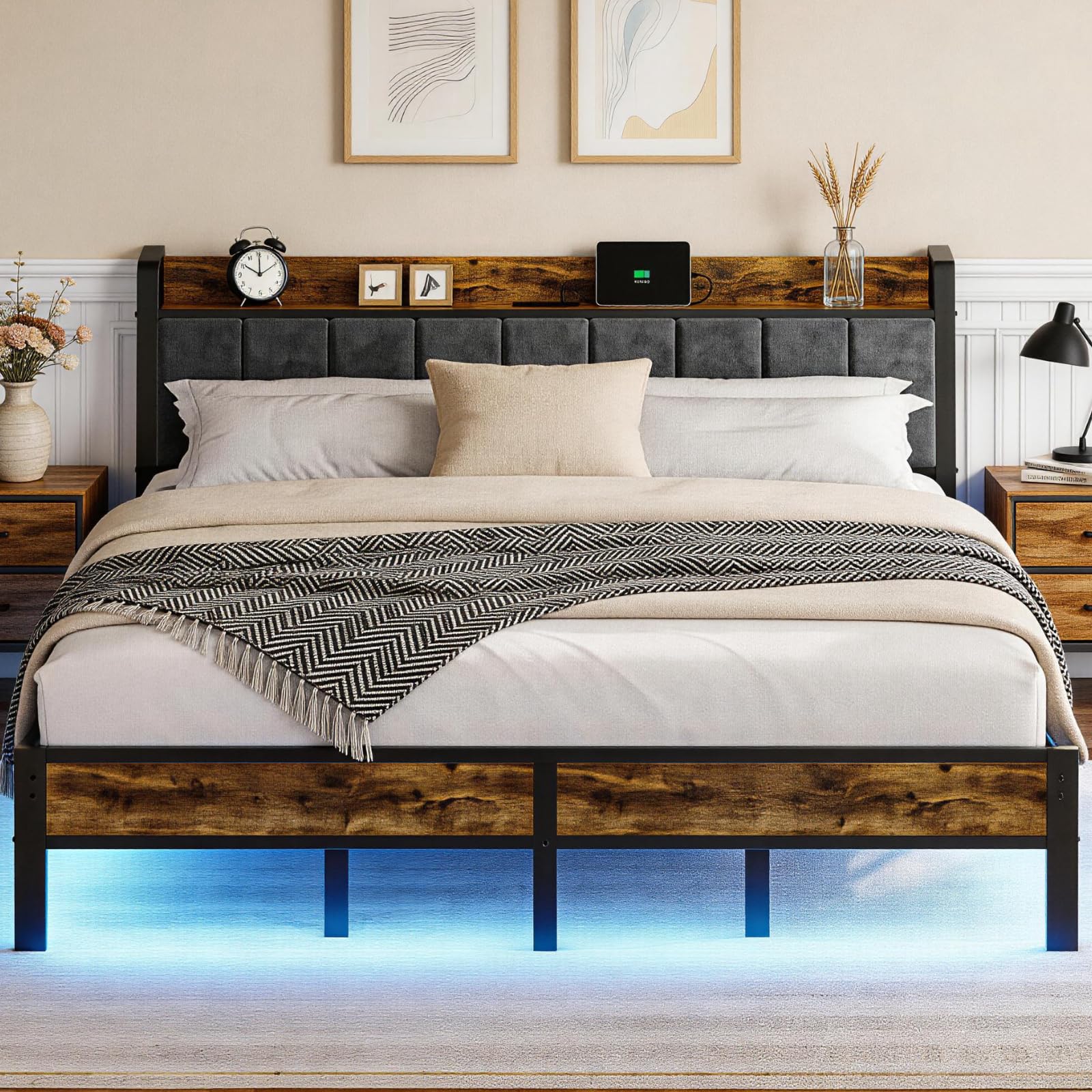 Liians King Size Bed Frame with Charging Station, Storage Headboard