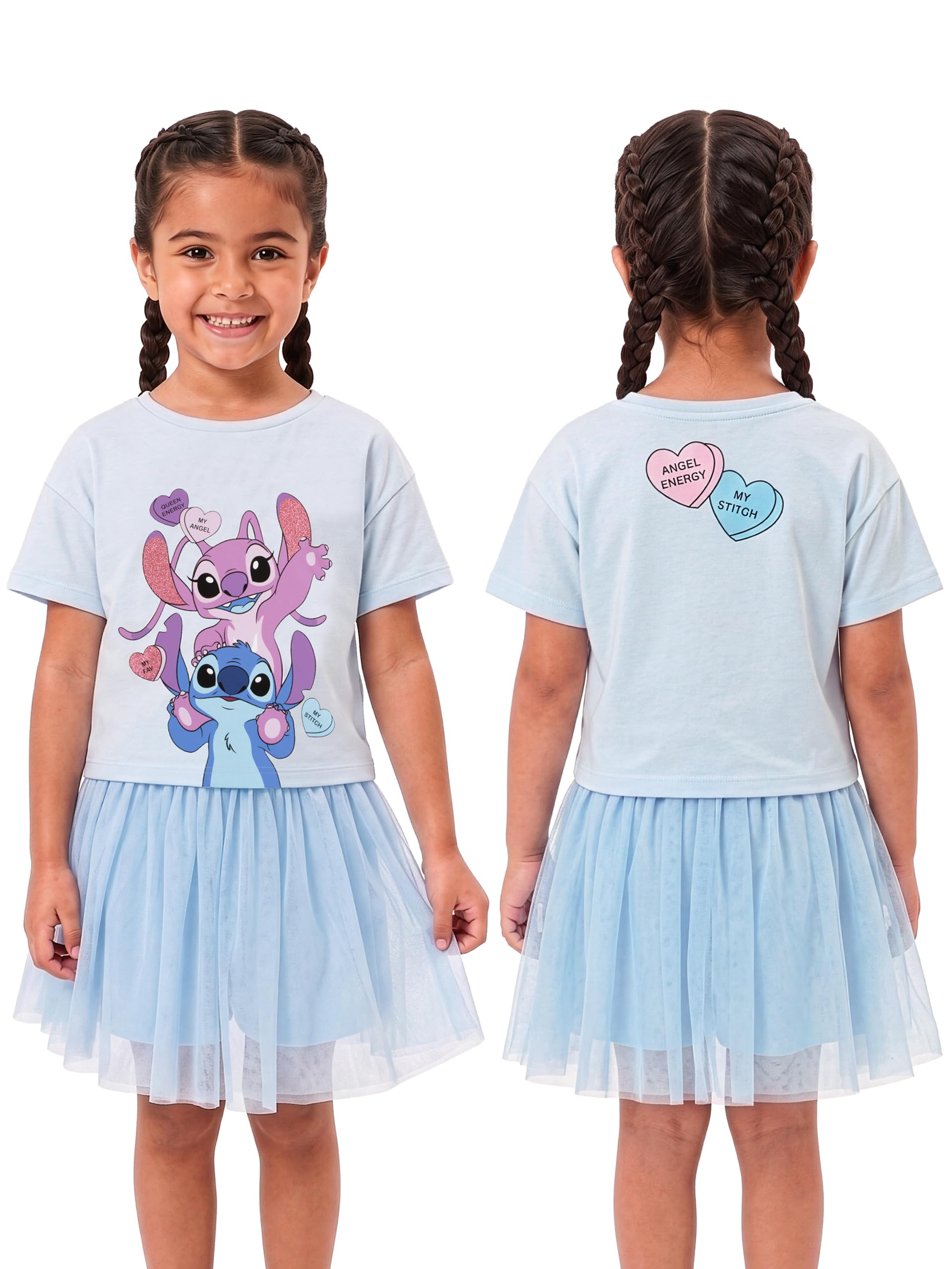 Disney Lilo & Stitch Ensemble Fille T-Shirt et Jupe, Tee Shirt Stitch avec Angel, Vetement Fille Été