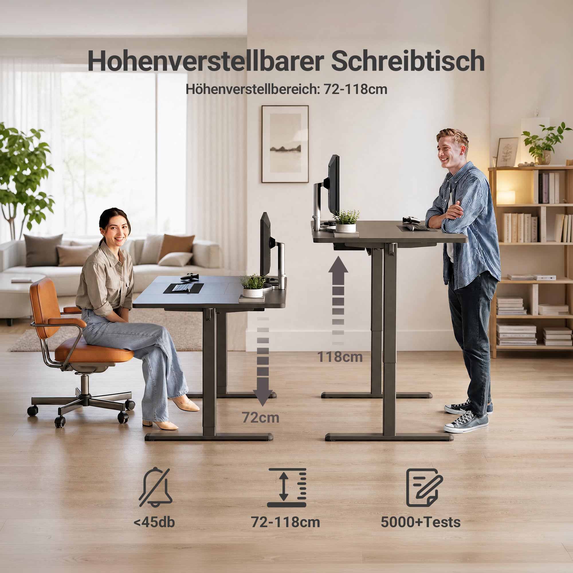 Claiks Höhenverstellbarer Schreibtisch mit Steckdosen 160 x 80 cm, Schwarz | 80kg Tragkraft, Integrierte Ladestation, Kabelmanagement-Box inklusive, Ergonomisches Sitzen-Stehen für Homeoffice & Gaming.