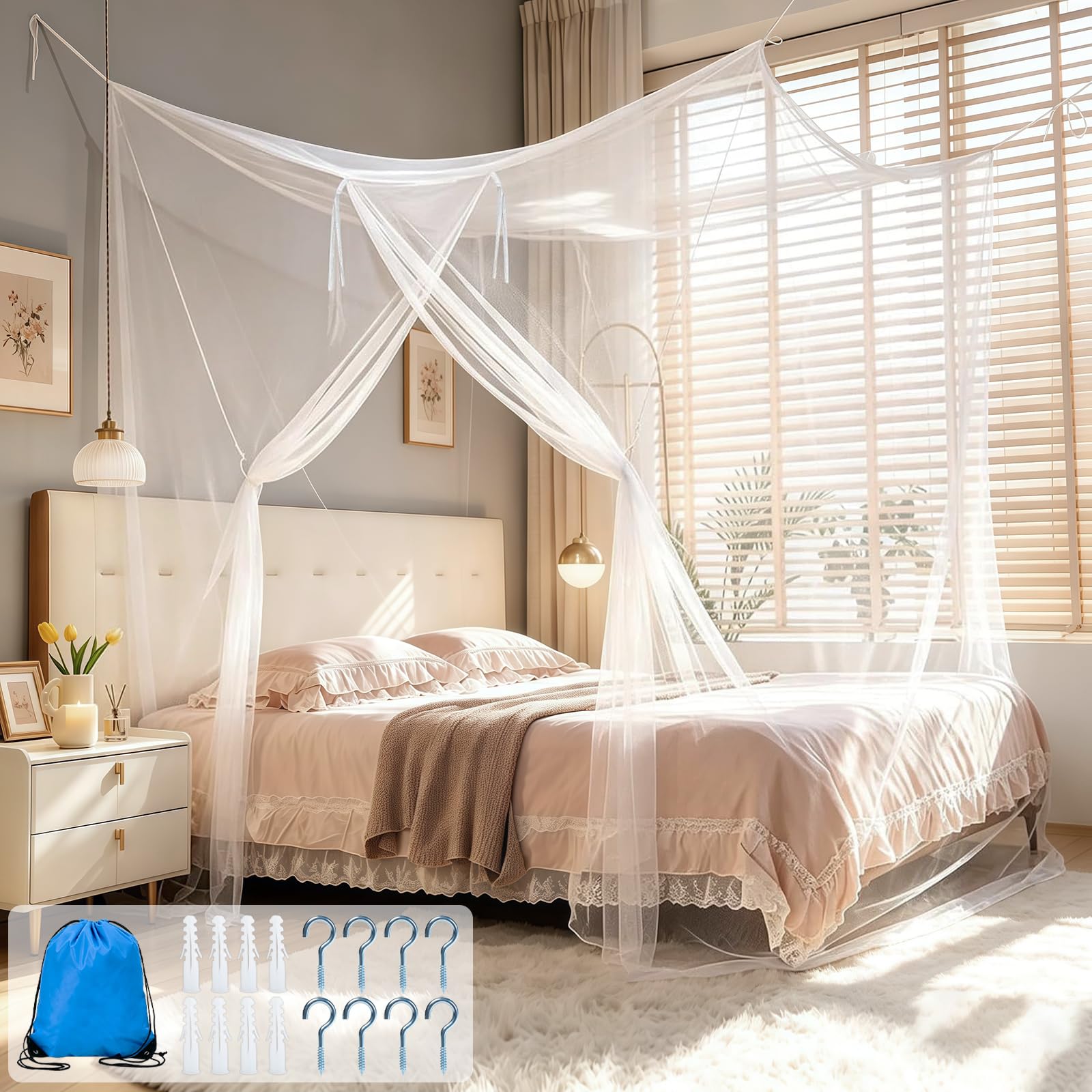 AMFUN Mosquito Net, 200 * 220 * 200cm 4 Corner Post Bed Canopy for Single Double King Size Bed, Anti-Insect Hanging Net with fine mesh for Indoor or Outdoor, Bedroom, Travel, Camping (White)