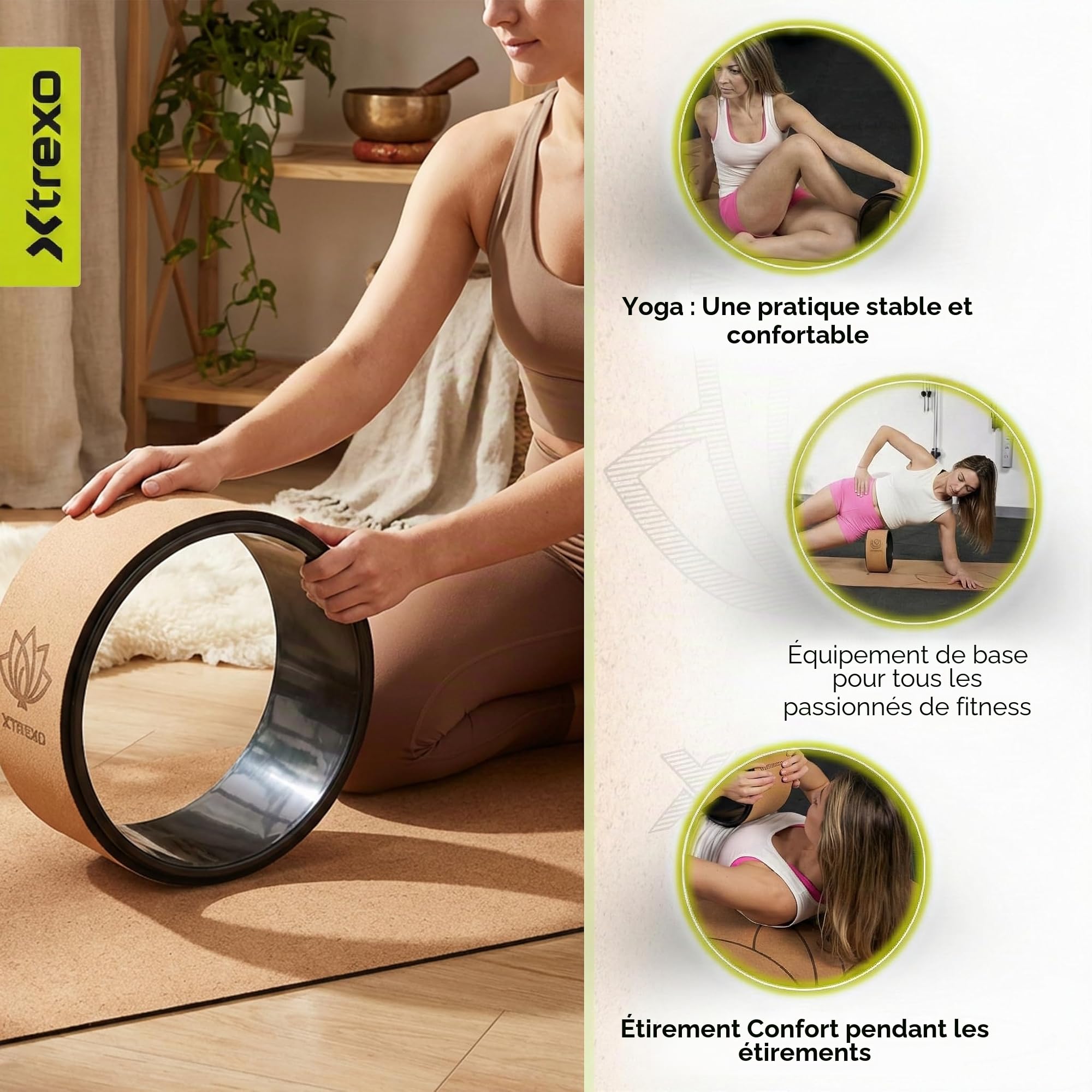 TREXO Roue de yoga en liège naturel avec un diamètre de 26 cm et une largeur de 13 cm, marron, en liège 100% écologique, parfait pour s'étirer, confortable grâce au rembourrage en mousse, roue de