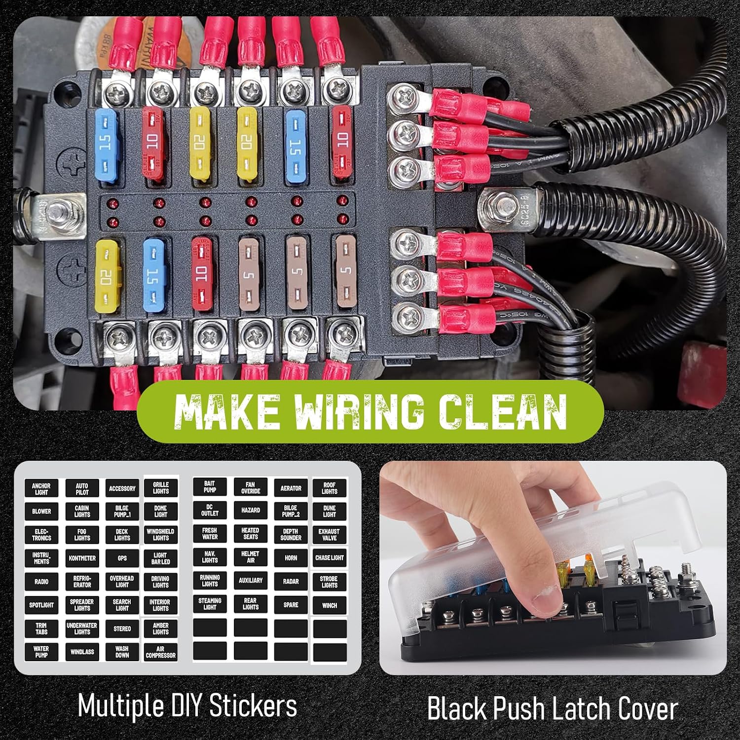 12 Way Fuse Block 12V/24V with LED Indicator Waterproof Marine Fuse Panel with Negative Bus Dual Row 12 V Automotive Fuse Box Holder for RV, Boat, Car, Truck, UTV