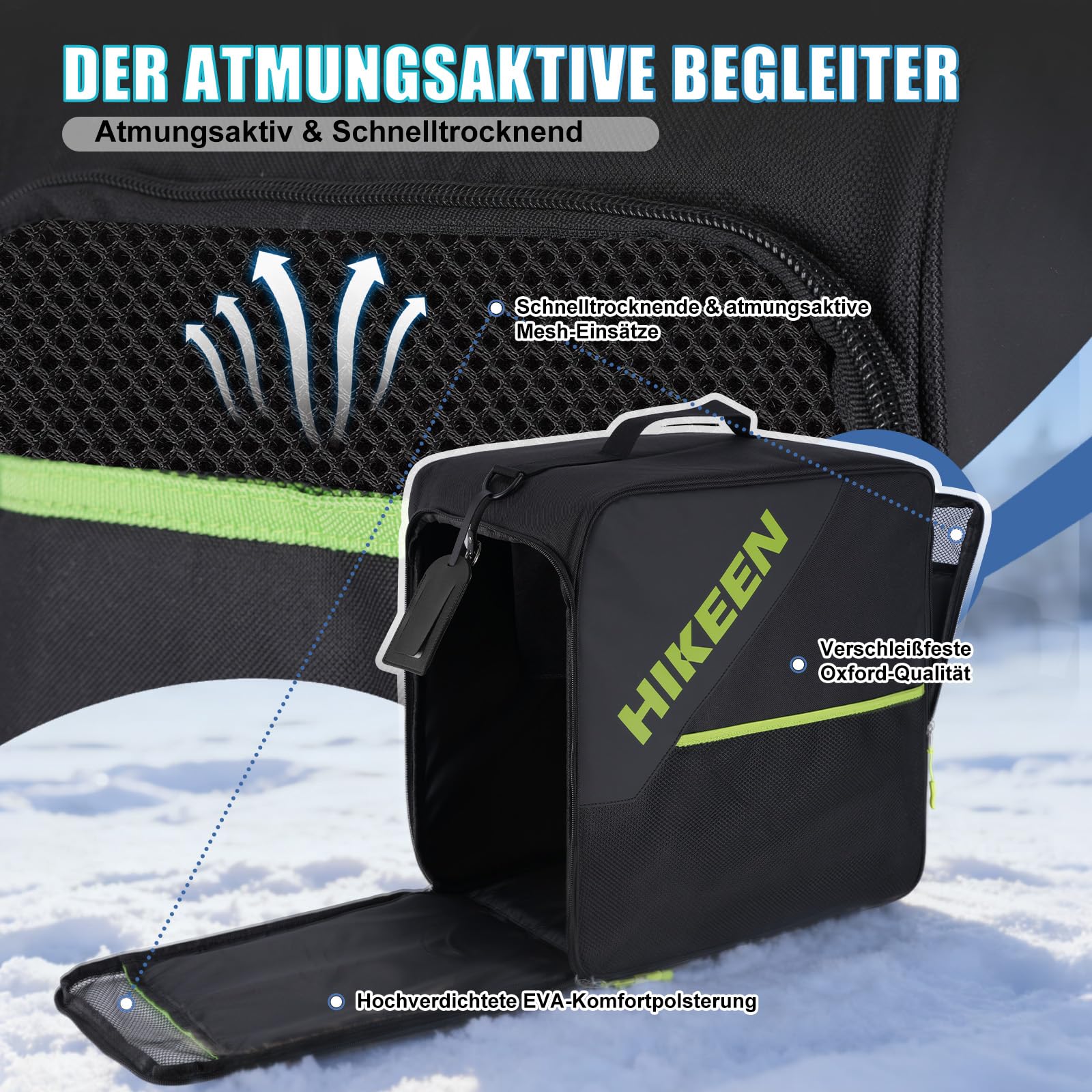 Hikeen Skischuhtasche mit Helmfach: Tasche Skischuhe Helm mit Mesh-Lüftungssystem Schischuhtasche Weitem Öffnungseinsatz und Eva-Einlage, Skischuh Tasche mit Schultergurte Geschenk–40L
