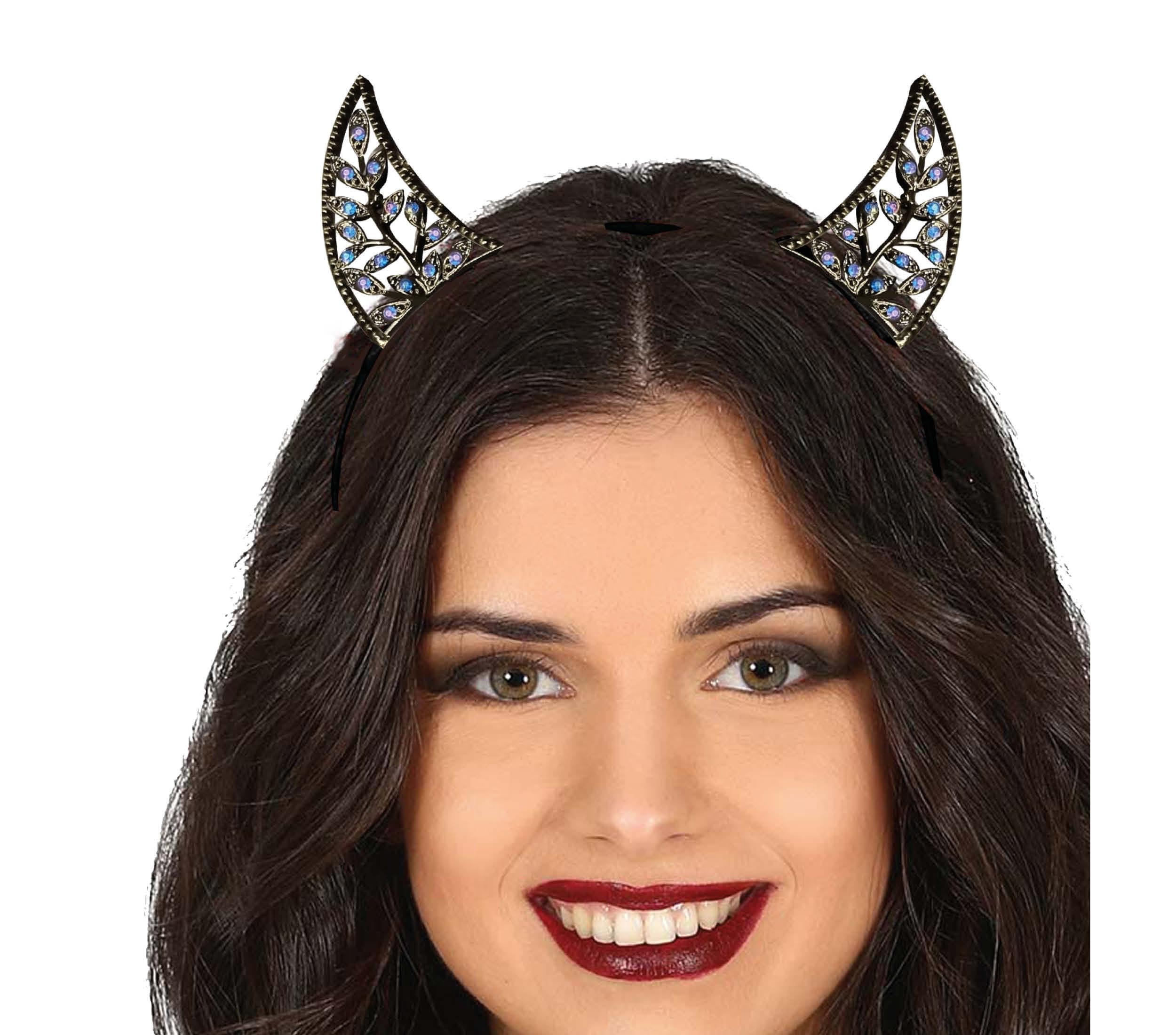 FIESTAS GUIRCA | Metallic Devil Horns Headband with Rhinestones (One Size) - Party Accessory for Halloween Celebrations - Ideal for Scary Themes - Unisex Adult - Black