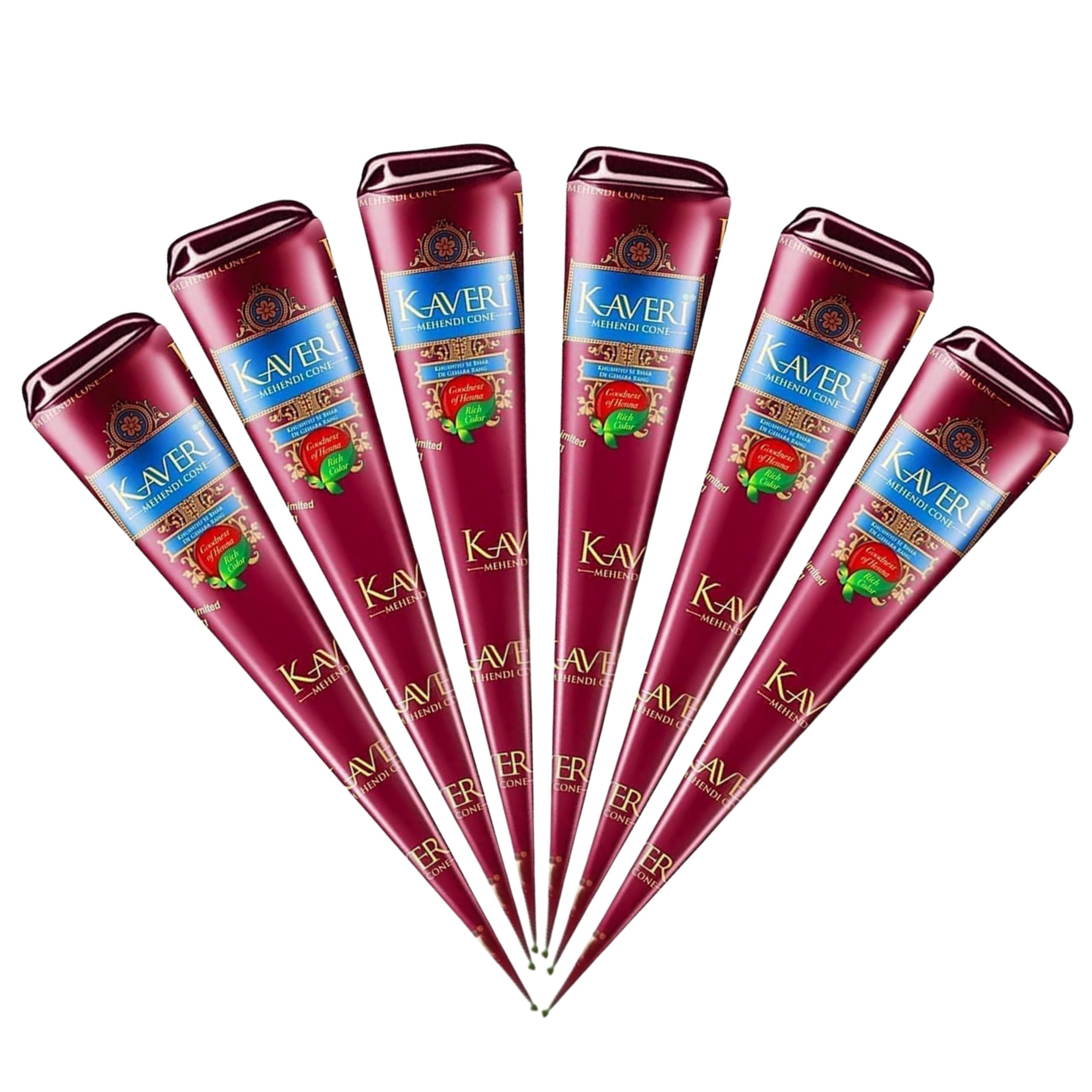 Kaveri Cono Naturale 6 x 25g - Senza PPD & Sostanze Chimiche Lunga Durata | Dermatologicamente Testato Per Decorazioni Creative Facile da Applicare mit Kajal (Rosso marrone)