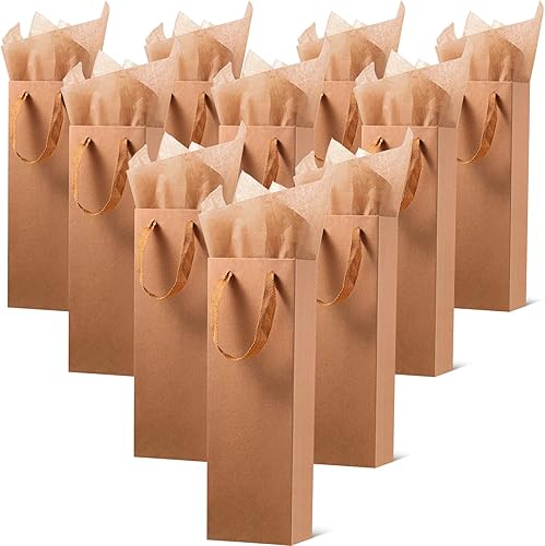 Zonon 24 bolsas de vino Kraft de Navidad, bolsa de vino de papel, soporte para botellas de vino con asas con papel de seda kraft, bolsa de vino al