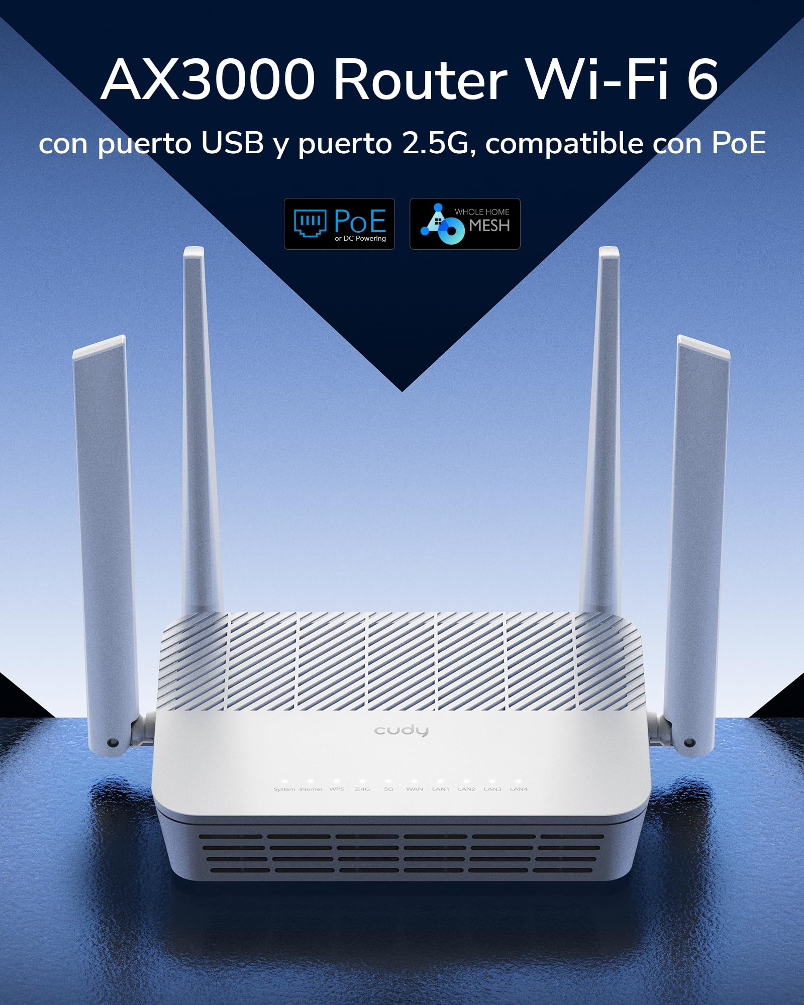 Cudy AX3000 WiFi 6 Router 2.5G con Alimentación PoE y Puerto USB, 3000Mbps Doble Banda, MU-MIMO, WireGuard, VPN CompatibleCudy Mesh y App, WR3000P