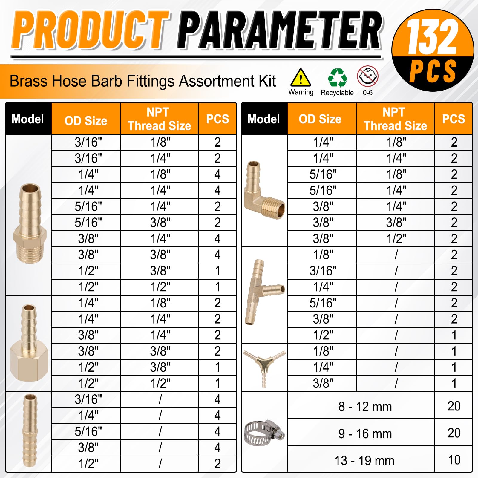 KOOTANS Kit surtido de 132 accesorios de latón para manguera de manguera, empalmador de púas, acoplador macho, adaptador hembra, codo macho de 90°, T, accesorios de manguera de aire en forma de Y con