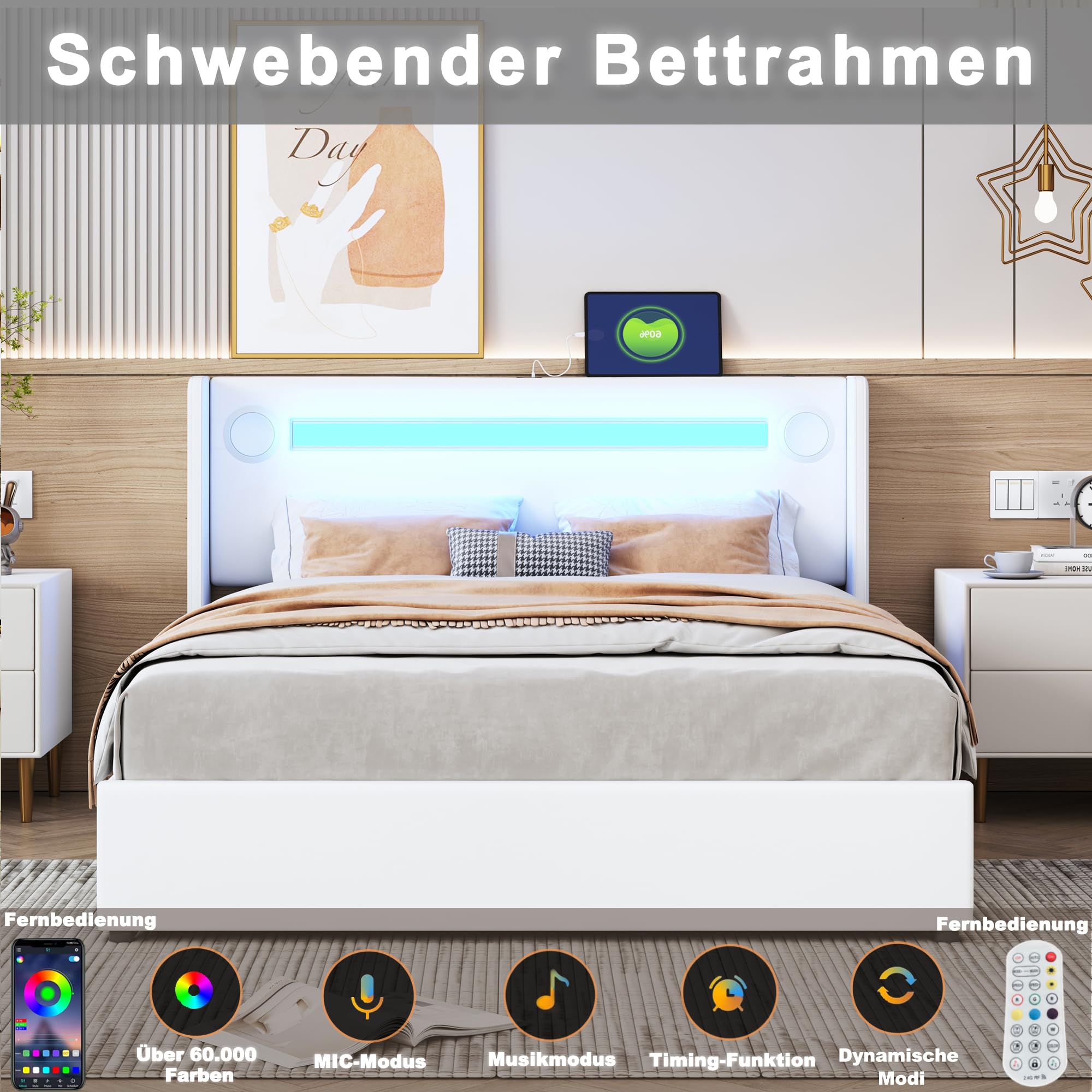 Merax Cama tapizada de 160 x 200 cm con tiras de luz LED, espacio de almacenamiento doble con reproductor Bluetooth y carga USB, para jóvenes y adultos, piel sintética blanca (sin colchón)