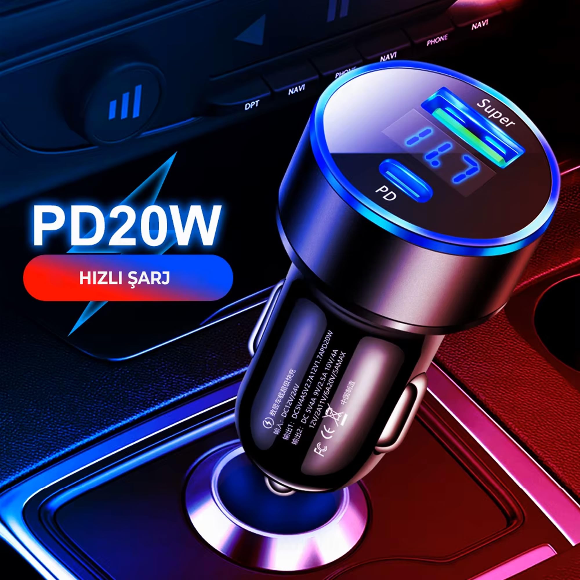 Siyah Araç İçi USB 3.0 Type C 20W Soketli Çakmaklık Güç Adaptörü Tüm Cihazlar 12V-24V