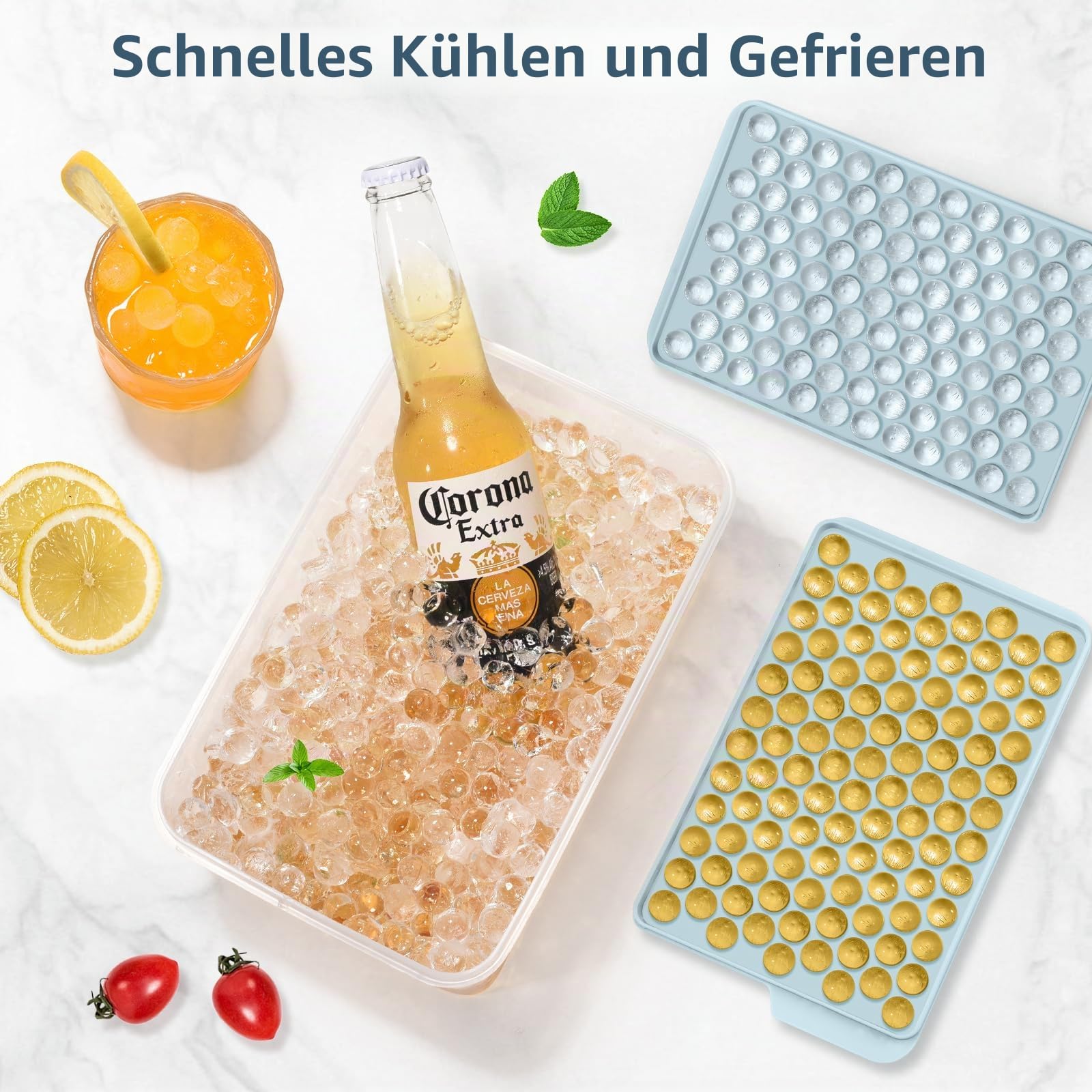 WIBIMEN Mini Eiswürfelformen, Verbesserte Runde Eiswürfelform, 104 x 4 Stück kleine Eiswürfel zum Kühlen von Getränken, Kaffee, Saft(4 Stück blaue Eiswürfelformen & Eisbehälter & Eisschaufel)