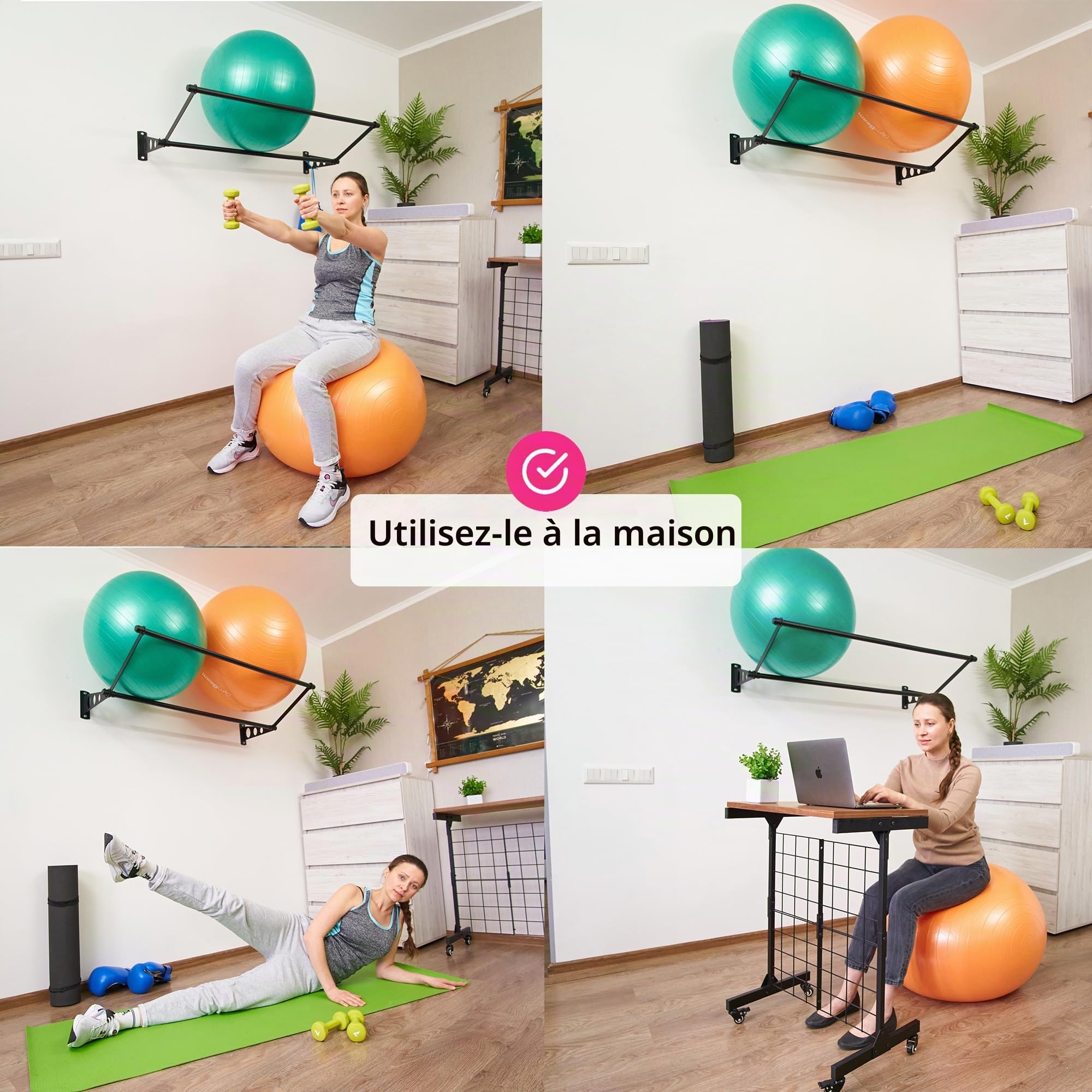 Support Pour Ballons D'exercice | Organisez Vous | Mural De Yoga | Support Pour Ballons De Fitness Stabilité | Pour Gym, Studios, Gym À Domicile | Noir Mat