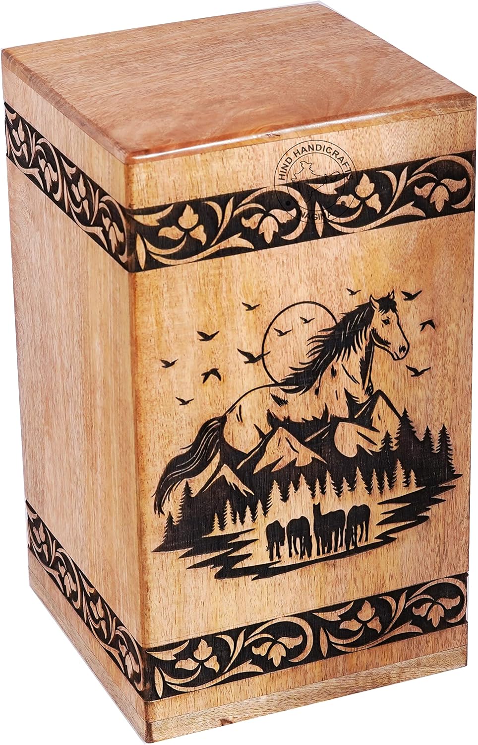 Floral Border Engraved Wooden Urns for Human Ashes