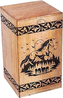 HIND HANDICRAFTS Floral Border Engraved Wooden Urns for Human Ashes Adult Large - Rising Sun Mountain Cremation Urn for Ashes -Burial Urn for Columbarium - Funeral Urn Box (400 LB - Hardwood, Horse)