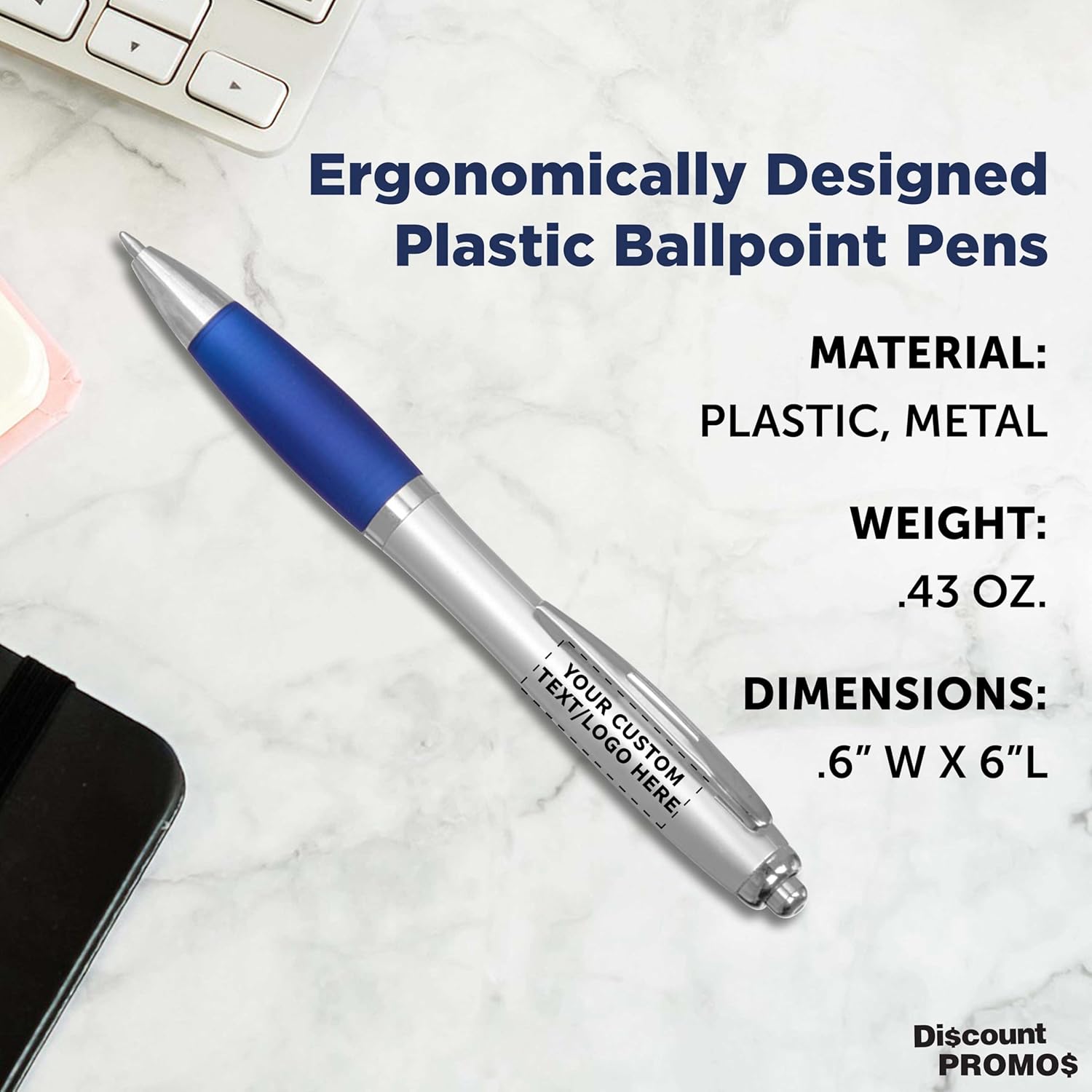 Personalized Ballpoint Pens with Rubber Grip and Click Button, Pack of 100 by DISCOUNT PROMOS - Ergonomic Design, Ideal for Bulk Office Supplies & Trade Shows – Blue