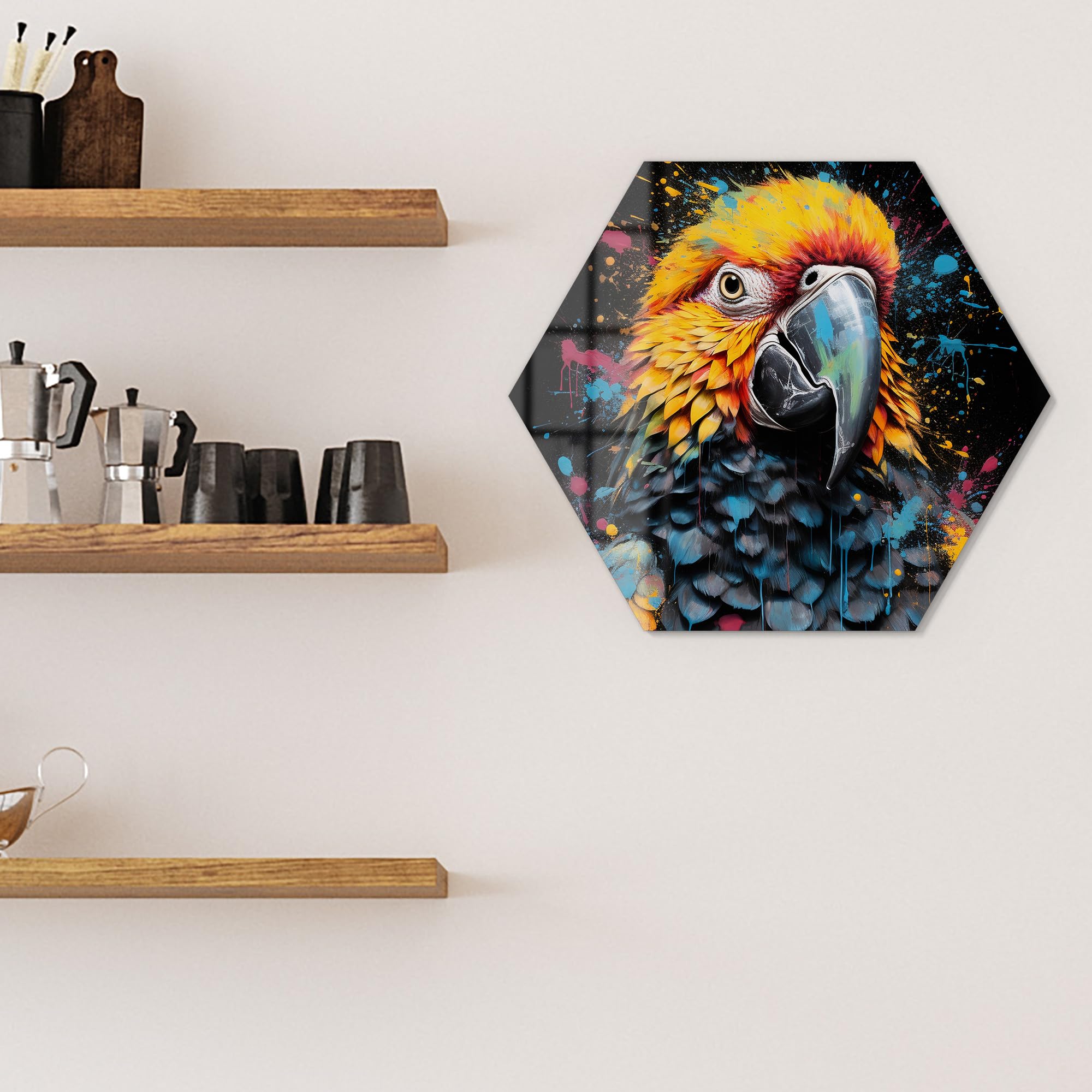 DEQOART Lavagna magnetica in vetro | esagonale 55 x 47,6 cm | motivo "gioco di colori pappagallo" | Lavagna magnetica con magneti, penna e panno per cucina e ufficio | Lavagna scrivibile