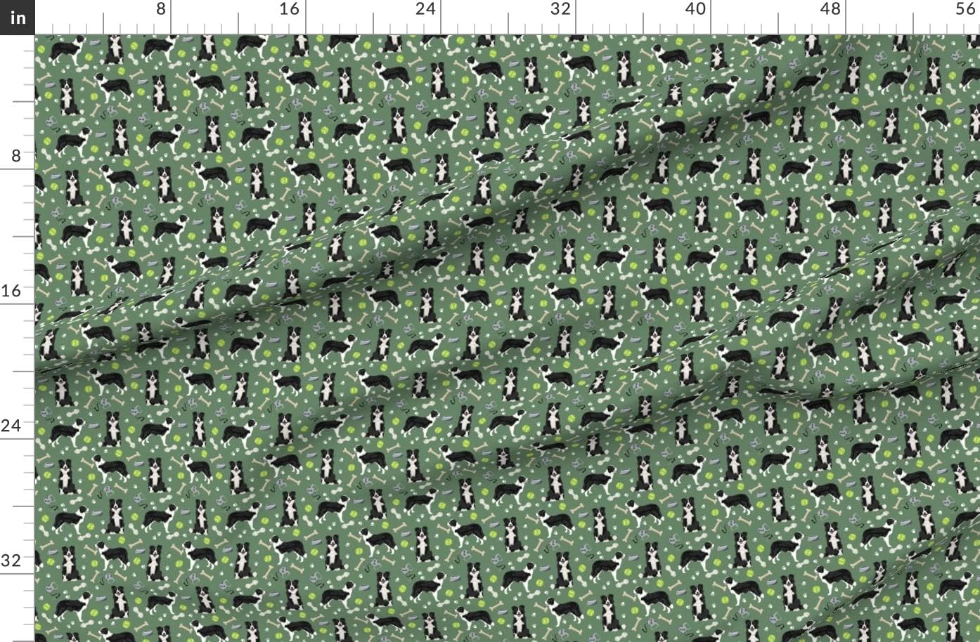 Spoonflower Fabric - Border Collie Toys Tennis Balls Neutral Medium Green Collies Dogs Printed on Organic Cotton Sateen Fabric by The Yard - Sewing Quilting Apparel Home Decor