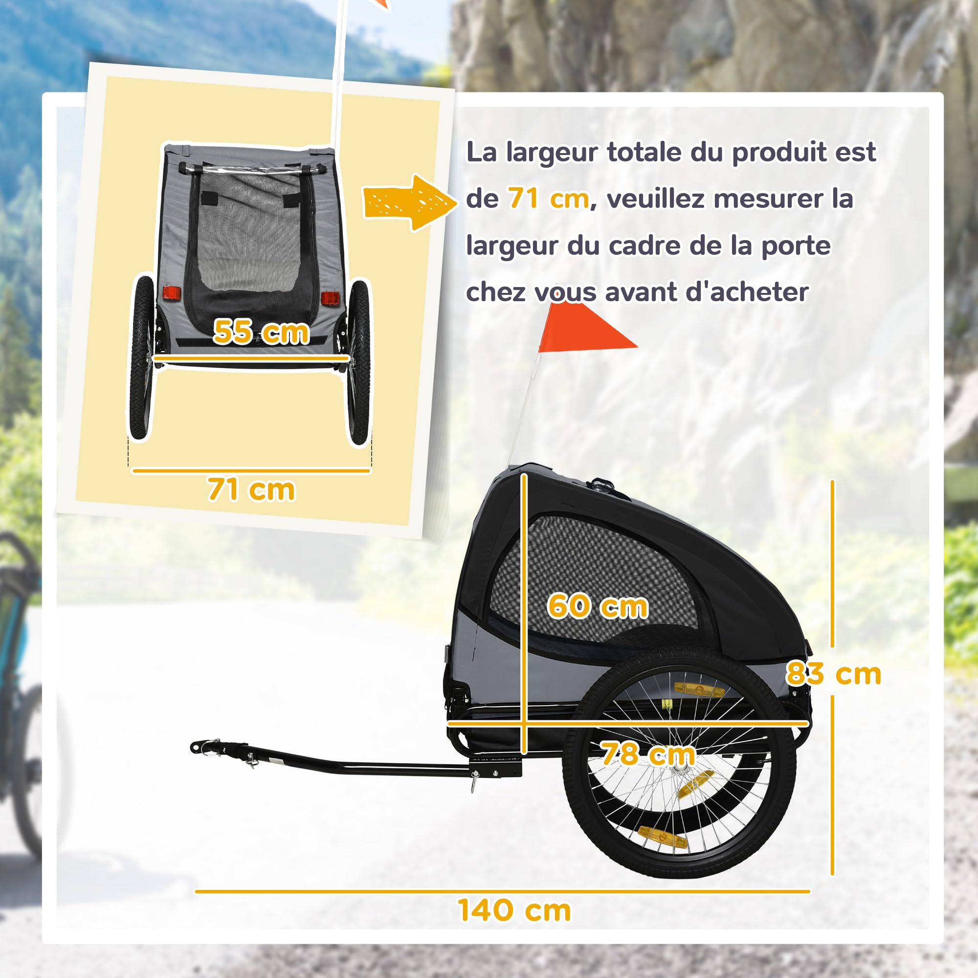 PawHut Remorque vélo Chien avec pneus 20 Pouces - Chariot pour Chien Moyen avec Structure en Acier et Mailles renforcées - Transport Animaux pour VTT et Balade extérieur