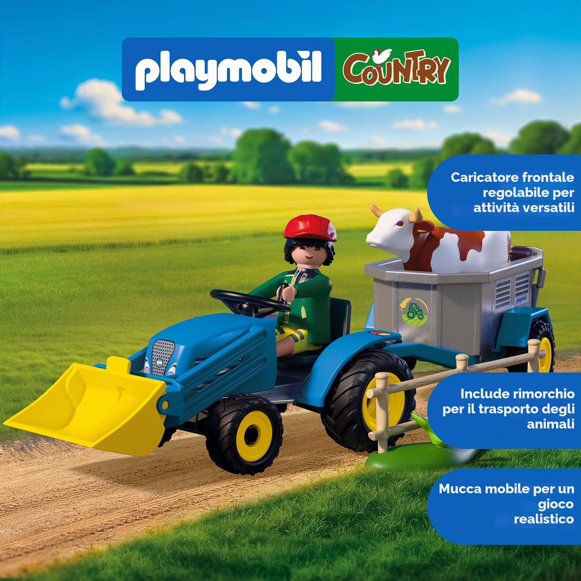 PLAYMOBIL | Country | Piccolo trattore con ranghinatore | Set trattore con ranghinatore, mucca, rimorchio e accessori | Per bambini da 4 anni | 72163