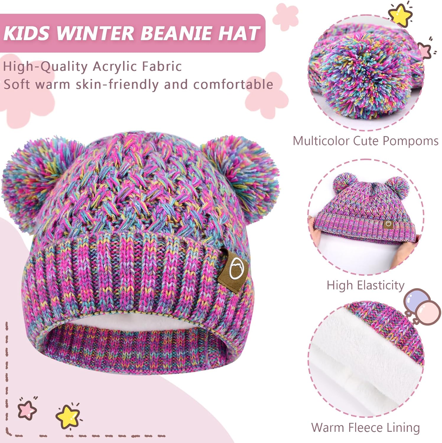 Kids Winter Hat Gloves Scarf Set,Toddler Girls Winter Hat Kids Beanie with Pom Neck Warmer Gaiter Mittens Fleece Lined Set - Image 2