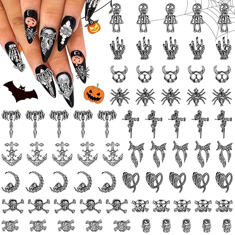Halloween Nails Charms 70 Pcs Halloween Retro Black Spider Hand Ghost Skeleton Snake Horror Nails Art Charm 3D Black Gothic Style Nail Charms for Halloweens Nail Decoration DIY Crafts