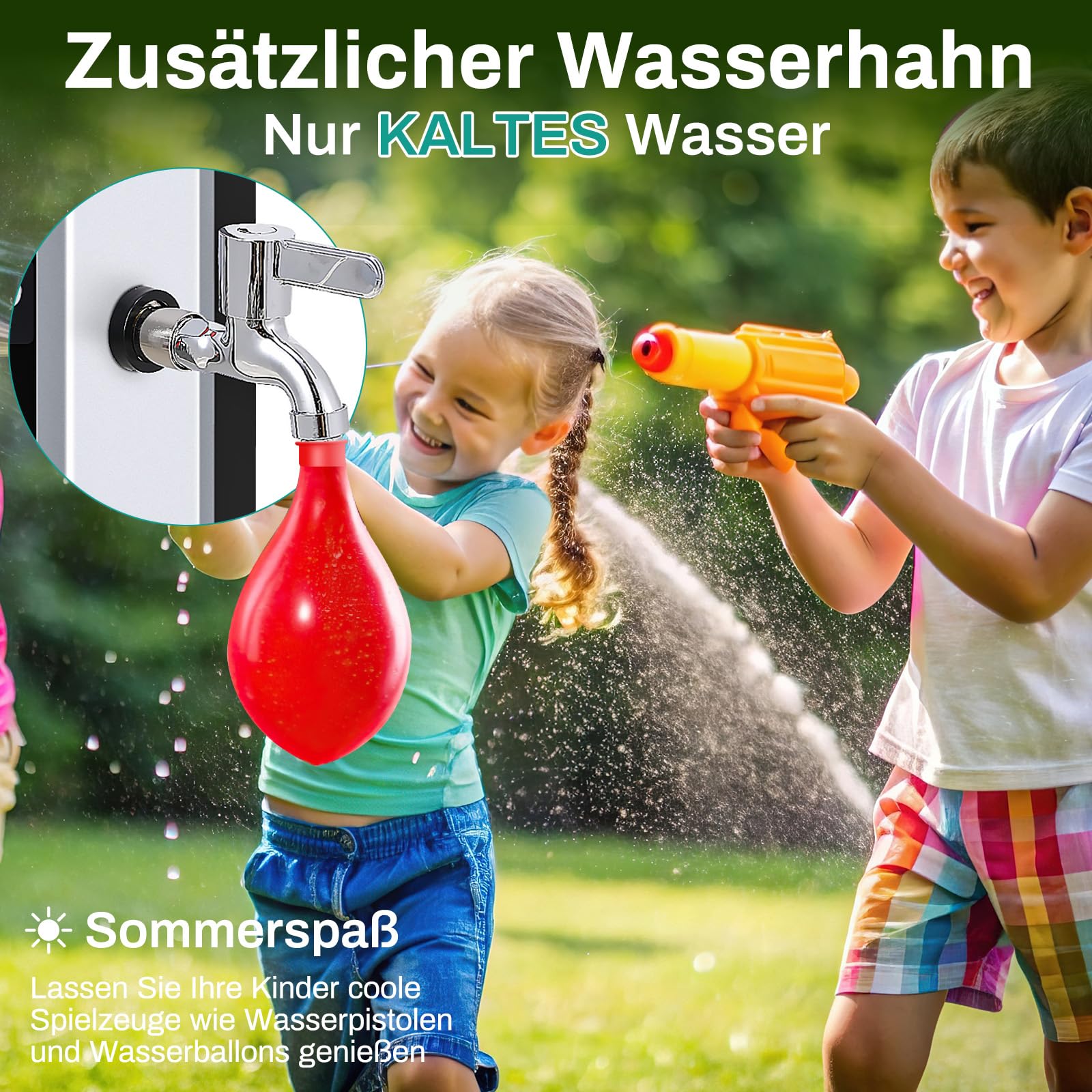 Solardusche 35 L, Gartendusche Warmwasser bis 60°C, mit Regenduschkopf, Wasserhahn, Seifenkiste & Schutzhaube, 4PCS Bodennägel, Pooldusche Camping für Garten, Balkon & Pool, ohne Stromanschluss