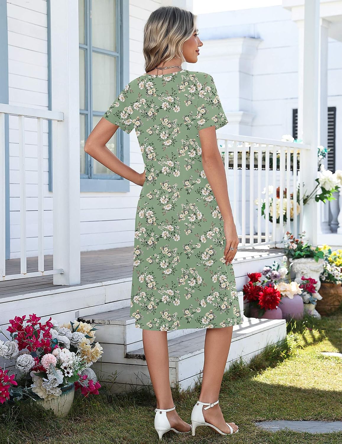 Zeagoo Women Summer Dresses Casual Short Sleeve Midi Dress with Pockets Floral A Line V Neck Beach Vacation T Shirt Sundress