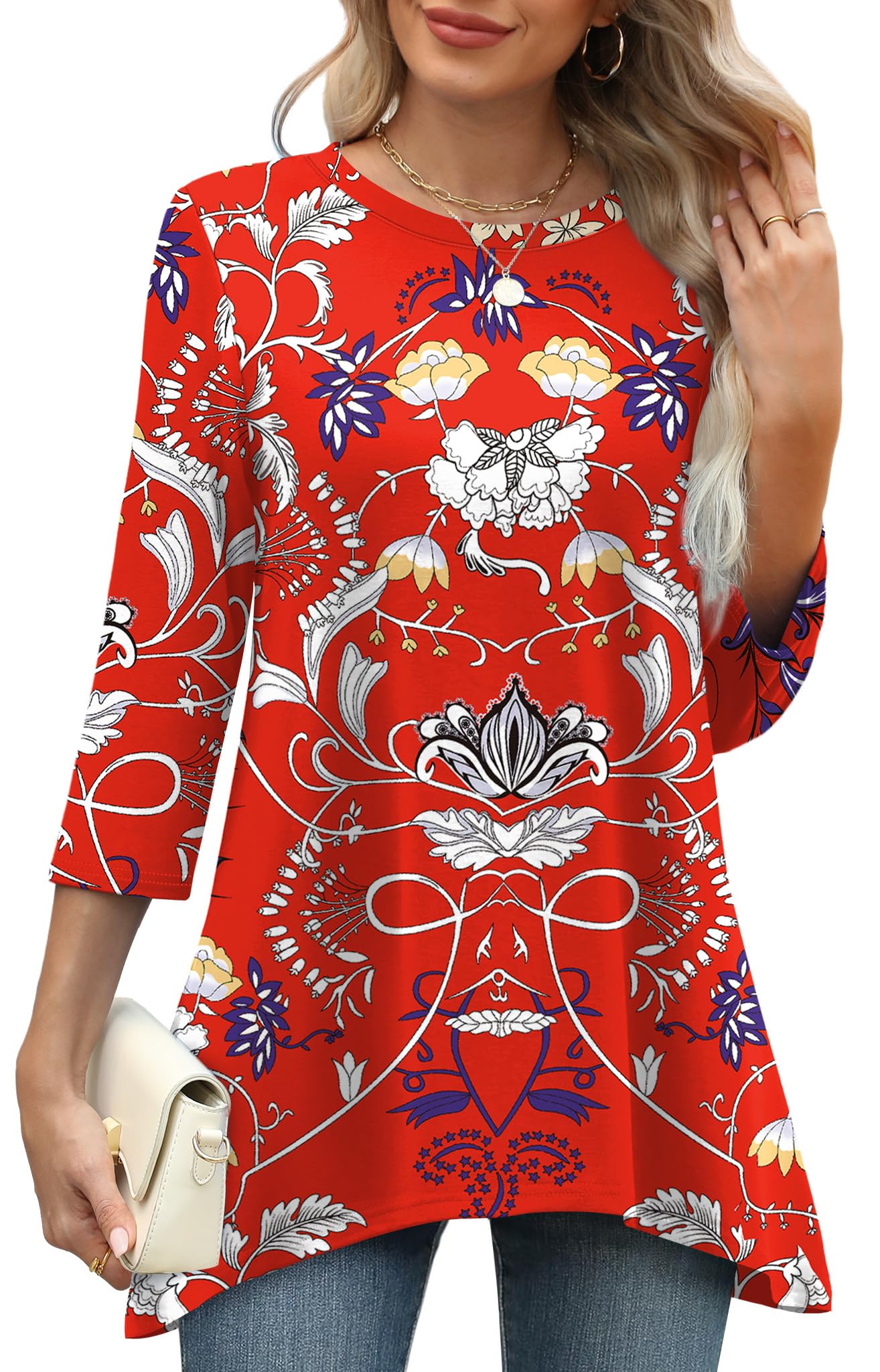 OFEEFAN Tunic Tops for Women Loose Fit Dressy 3/4 Length Sleeve Womens Tops with Asymmetrical Hem S-4XL