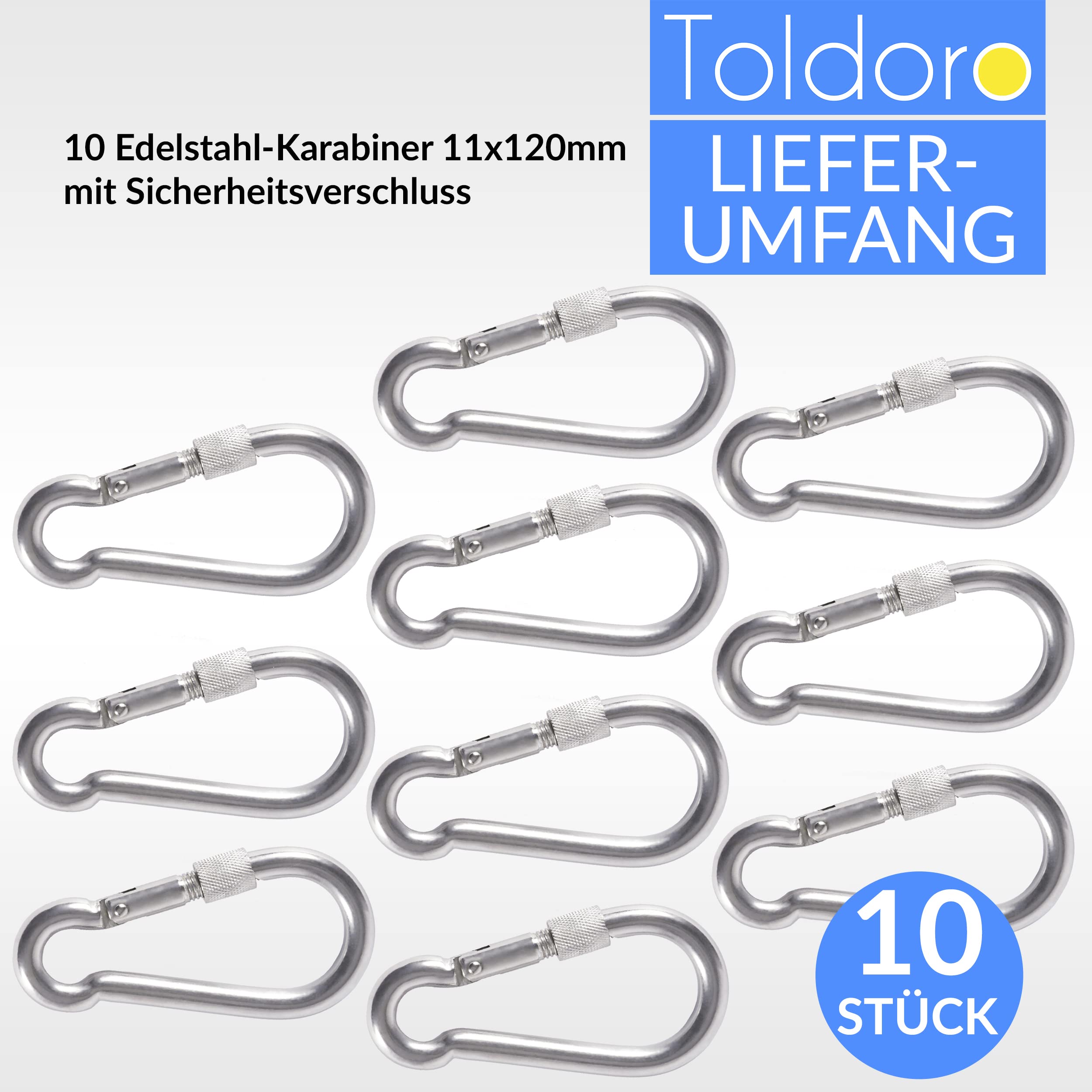 Toldoro® 10x Edelstahl Karabiner mit Schraubverschluss 120mm Rostfrei - NIRO AISI 316 V4A / Karabinerhaken Klein für Schaukel, Hängematte oder Sonnensegel/Schraubkarabiner, Bruchlast 1000kg