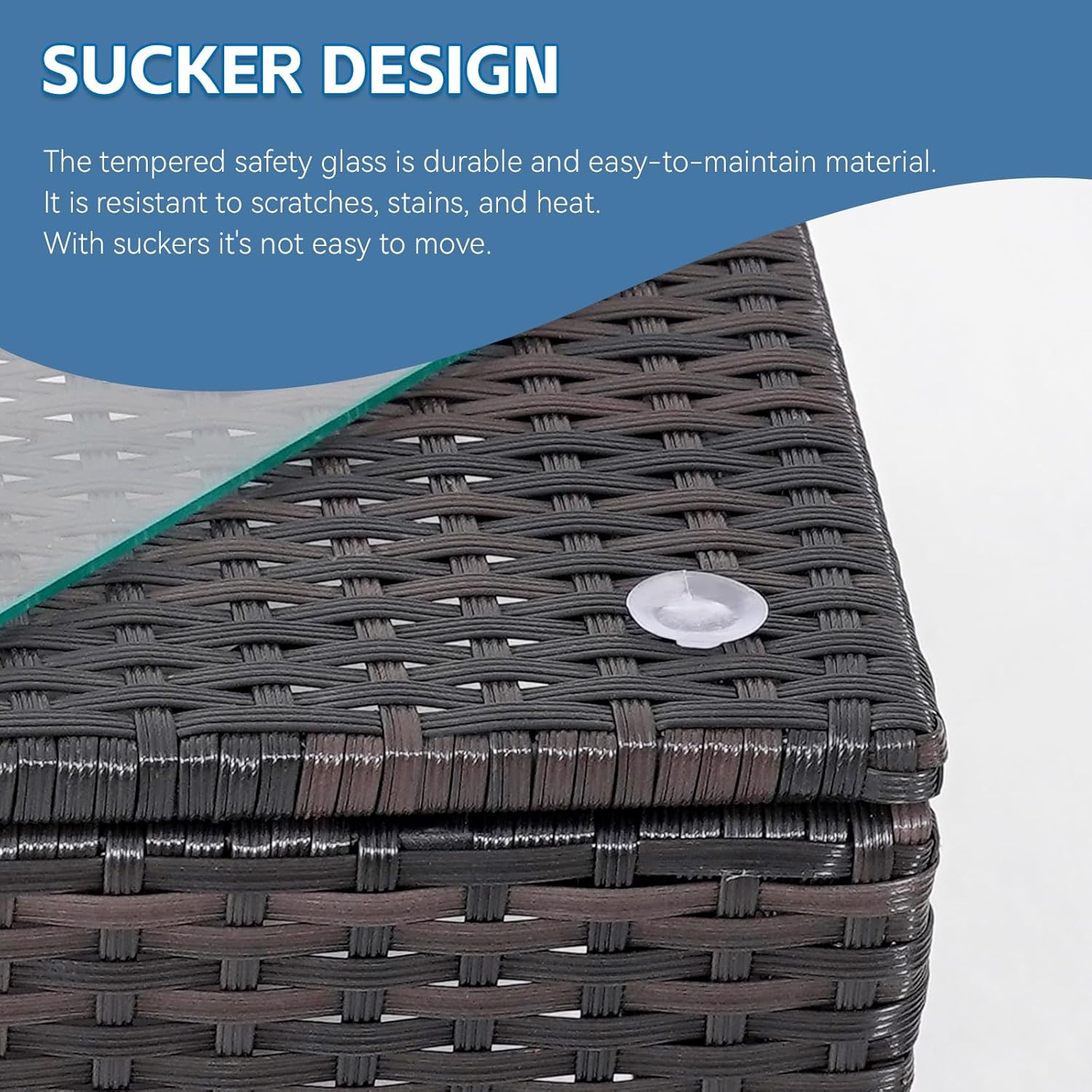 Close-up of the coffee table showing the sucker design that secures the glass top.