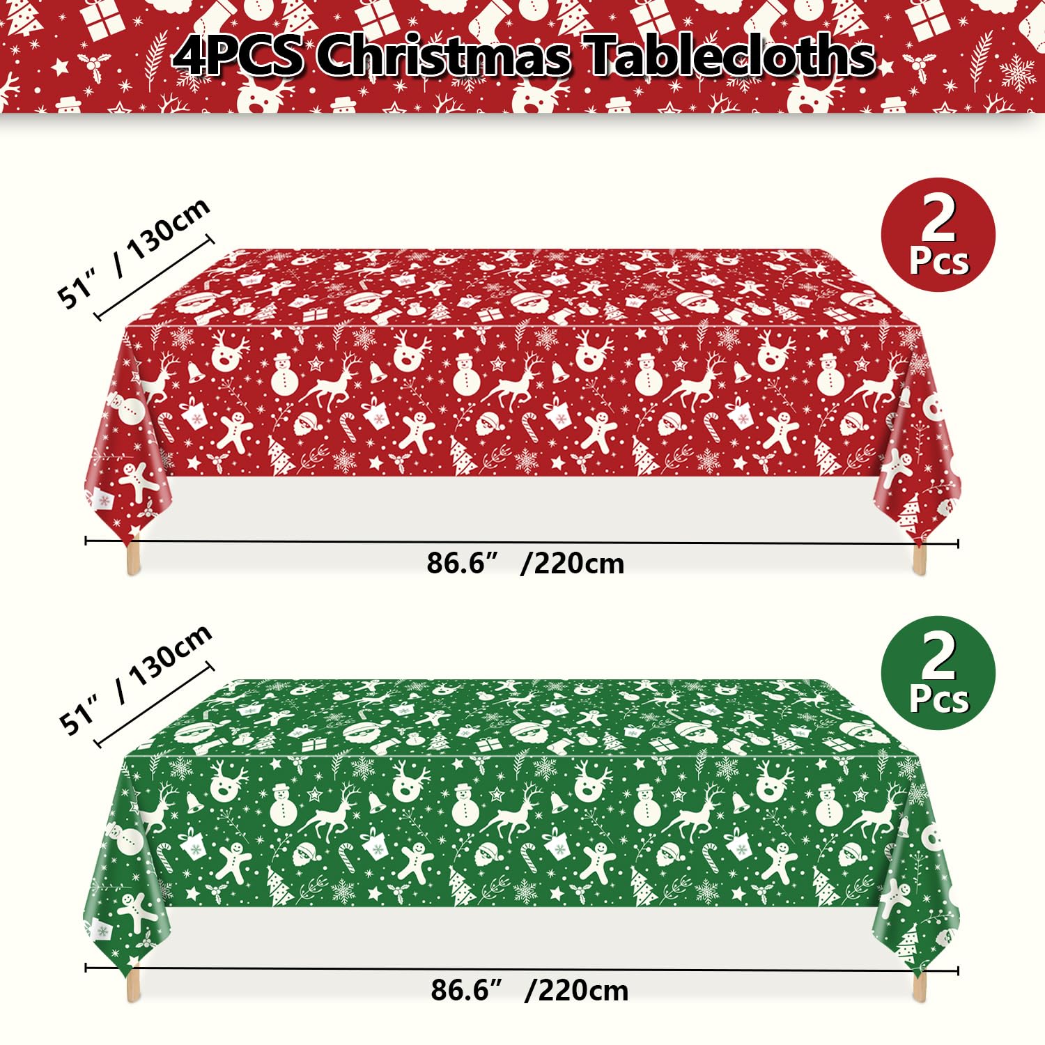 2 Tovaglie Natalizie Usa E Getta, 137x274 Cm, Rosse E Bianche, Con Babbo Natale, Pupazzo Di Neve E Alberi