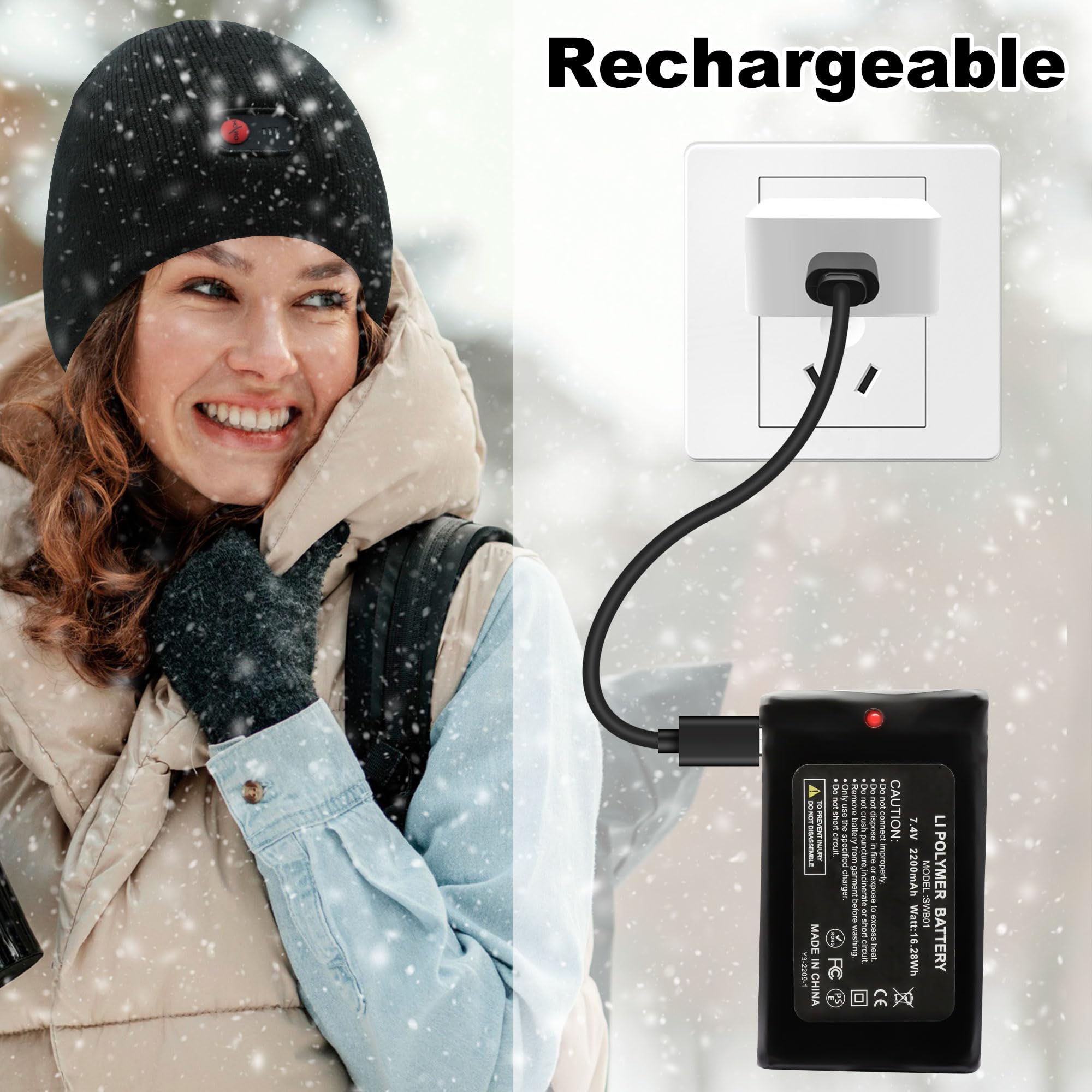 Rabbitroom Heated Hat for Men Women Rechargeable Battery Heated Beanie Hat Winter Ear Warmers Knitted Hat for Fishing Skiing Motorcycling(Black)