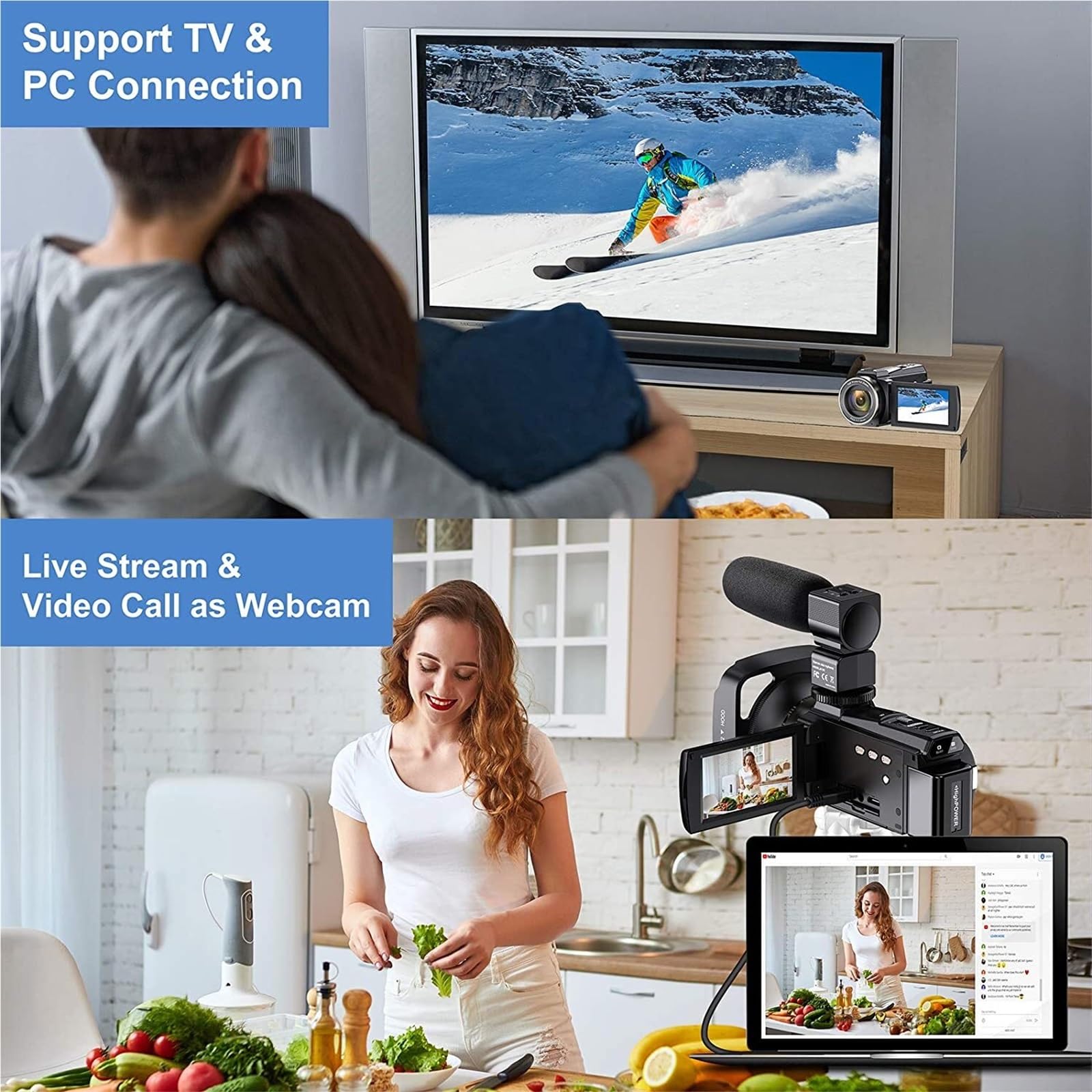 Videocamera 4K da 48 MP, videocamera con zoom 16X 3,0" fono Vlogging Touch Screen Visione notturna IR Telecamere Vlog Wi-Fi Web Leggero(Noir)