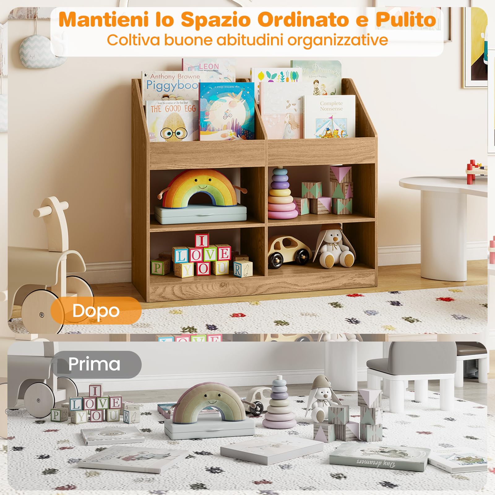 COSTWAY Libreria Montessoriana Porta Libri per Bambini, Scaffale Multifunzione con 4 Cubi e 4 Scomparti, Anti-ribaltamento, Salvaspazio per Cameretta e Stanza dei Giochi, 90x34x80 cm (Naturale)