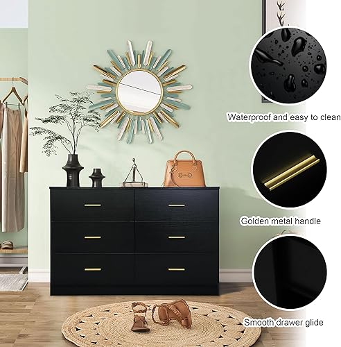 Miniatura 3 de Cómoda moderna de 6 cajones negra para dormitorio, amplia cómoda de almacenamiento con asas doradas, cómodas para bebé para cuarto de bebé