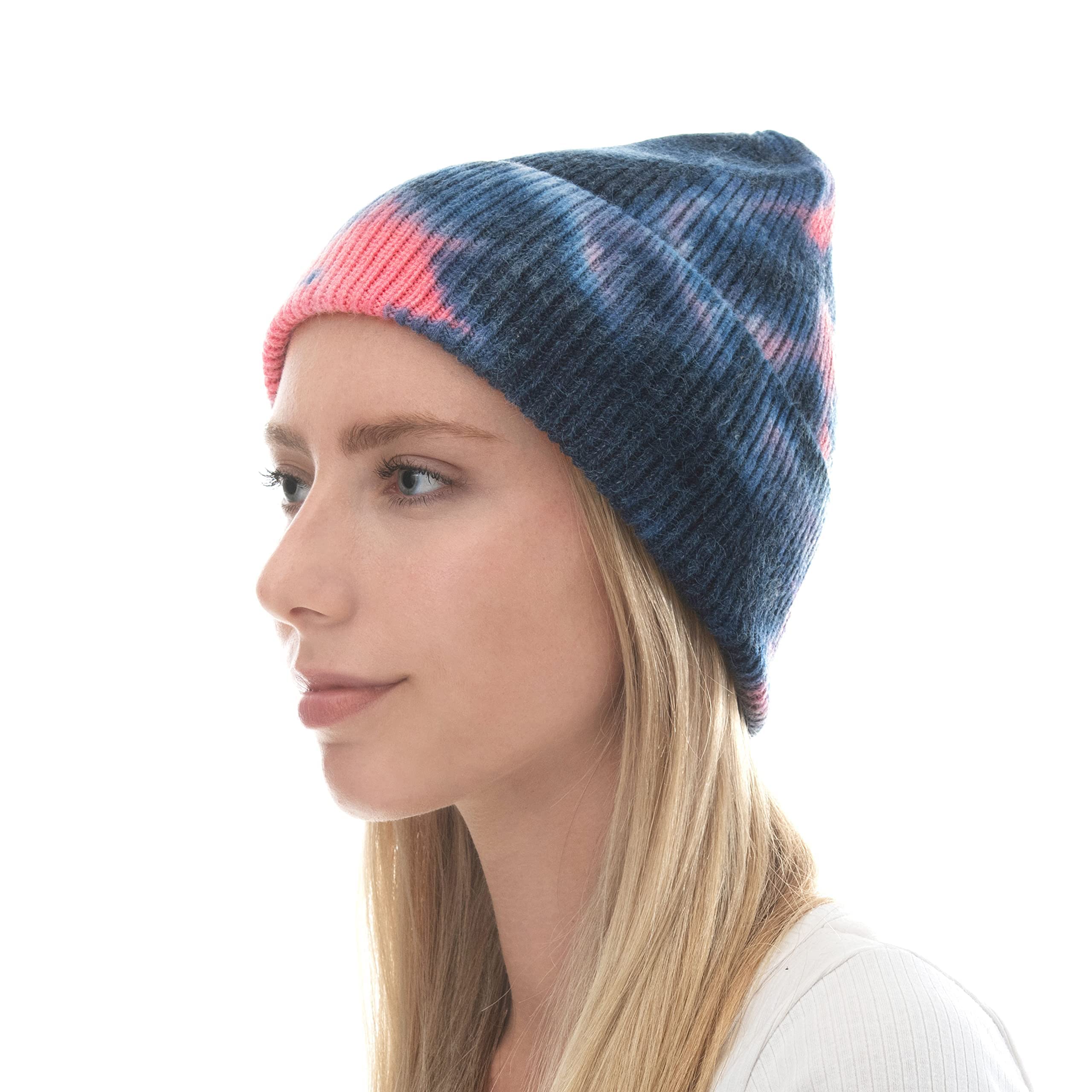 Women Beanie for Tie Dye & Leopard & Ponytail Cuffed Knit Viscose Acrylic Unisex Slouch Style Winter Hat