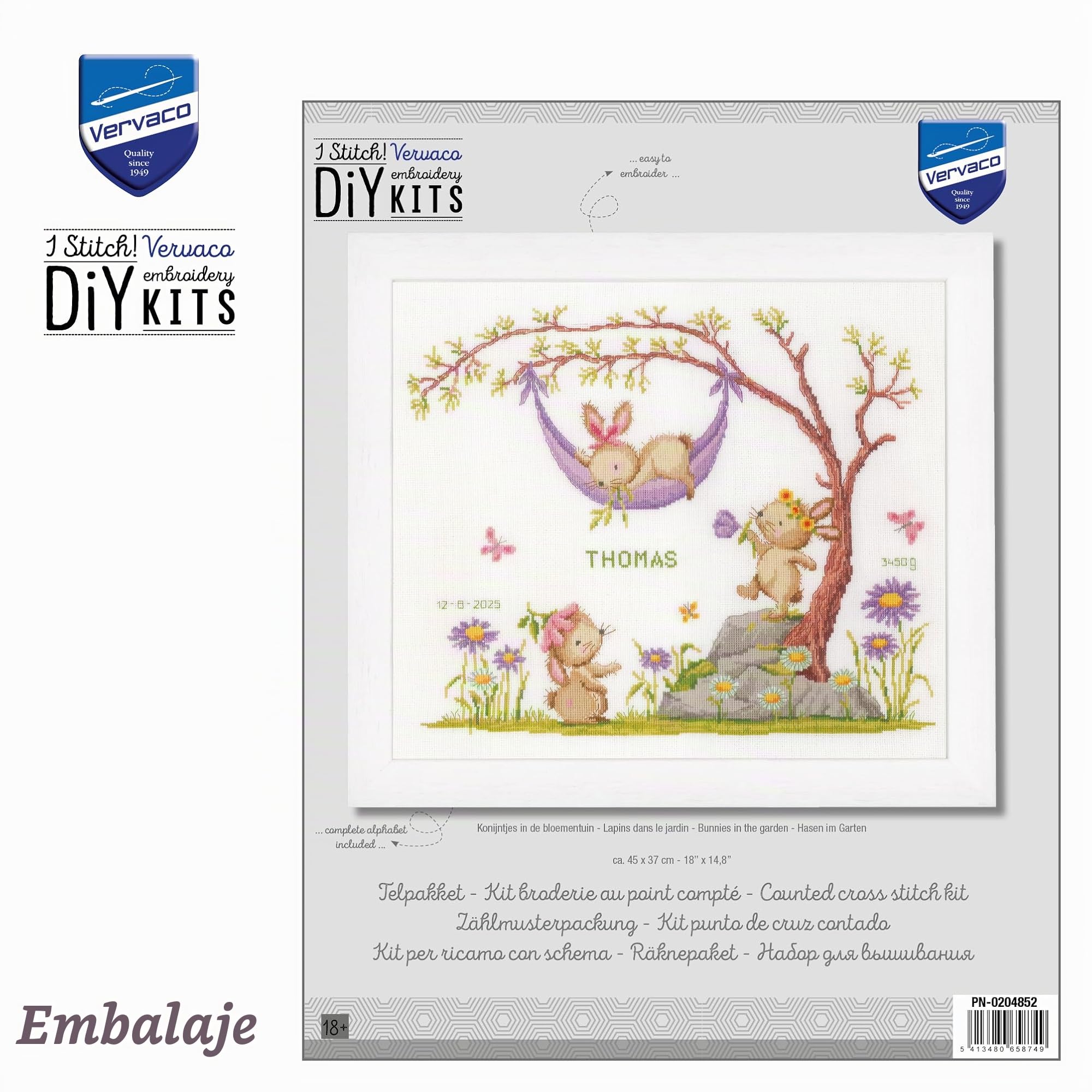 VERVACO Kit Punto De Cruz Bebe Nacimiento Regalos DIY Completo CONEJITOS EN EL JARDÍNCreativo Manualidades Creatividad Adultos Decoracion Pared Bordar Kit Principiantes ca. 45 x 37 cm Cross Stitch